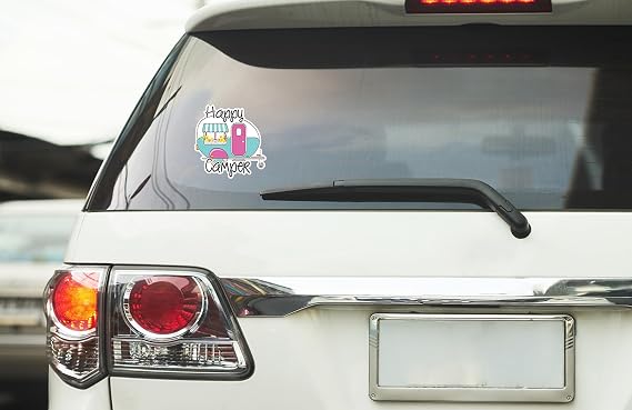 WSQ Happy Camper Vinyl Sticker Decal - 5 Inches - Camper Stickers for Car Truck SUV Van Window Bumper Wall Laptop Tablet Cup Tumbler and Any Smooth Surface