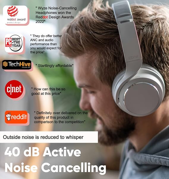 WYZE Noise Cancelling Headphones and Hard Case for Travel, Wireless Over The Ear Bluetooth Headphones with Active Noise Cancellation, Transparency Mode, Clear Voice Pick-up, Alexa Built-in, White