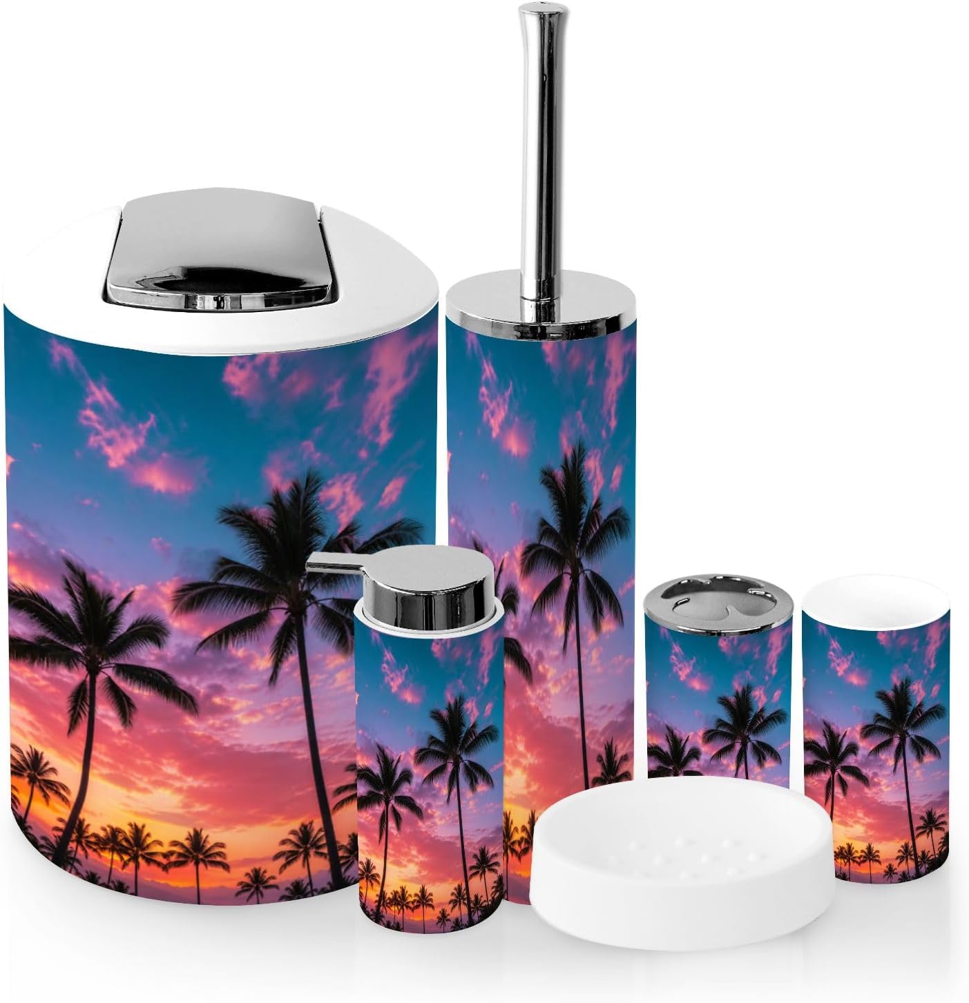 Bathroom Accessory Set 6 Piece Dramatic Tropical Island Travel Palm Trees Sunset Coastal Trash can, Toothbrush Holder, Toothbrush Cup, Soap Dispenser, Soap Dish, Toilet Brush Holder