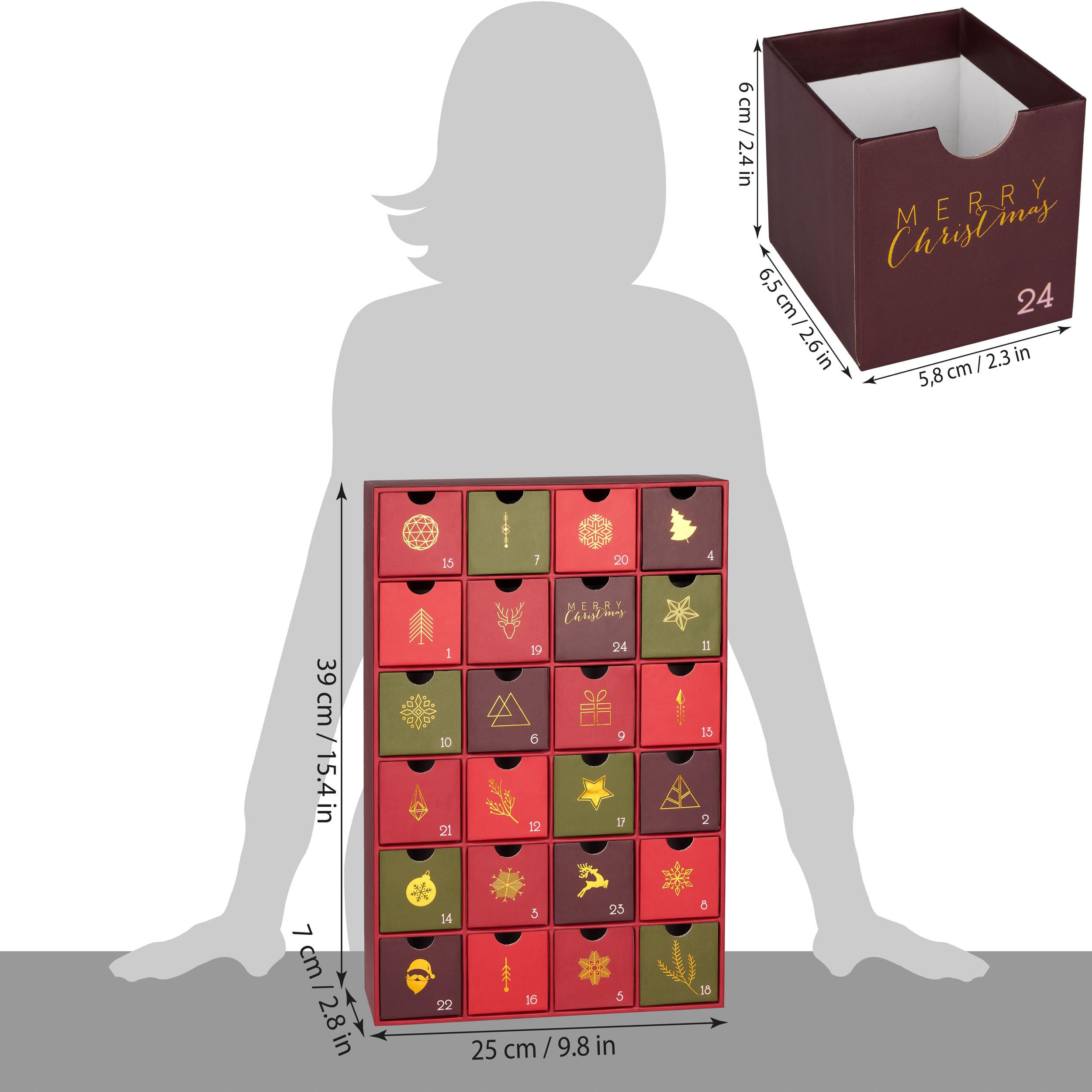 BRUBAKER Adventskalender zum Befüllen - Rot Grün Gold - 39 cm | Traditionelles Weihnachten - DIY Weihnachtskalender mit 24 Türchen für Gutscheine, Süßigkeiten und andere Überraschungen