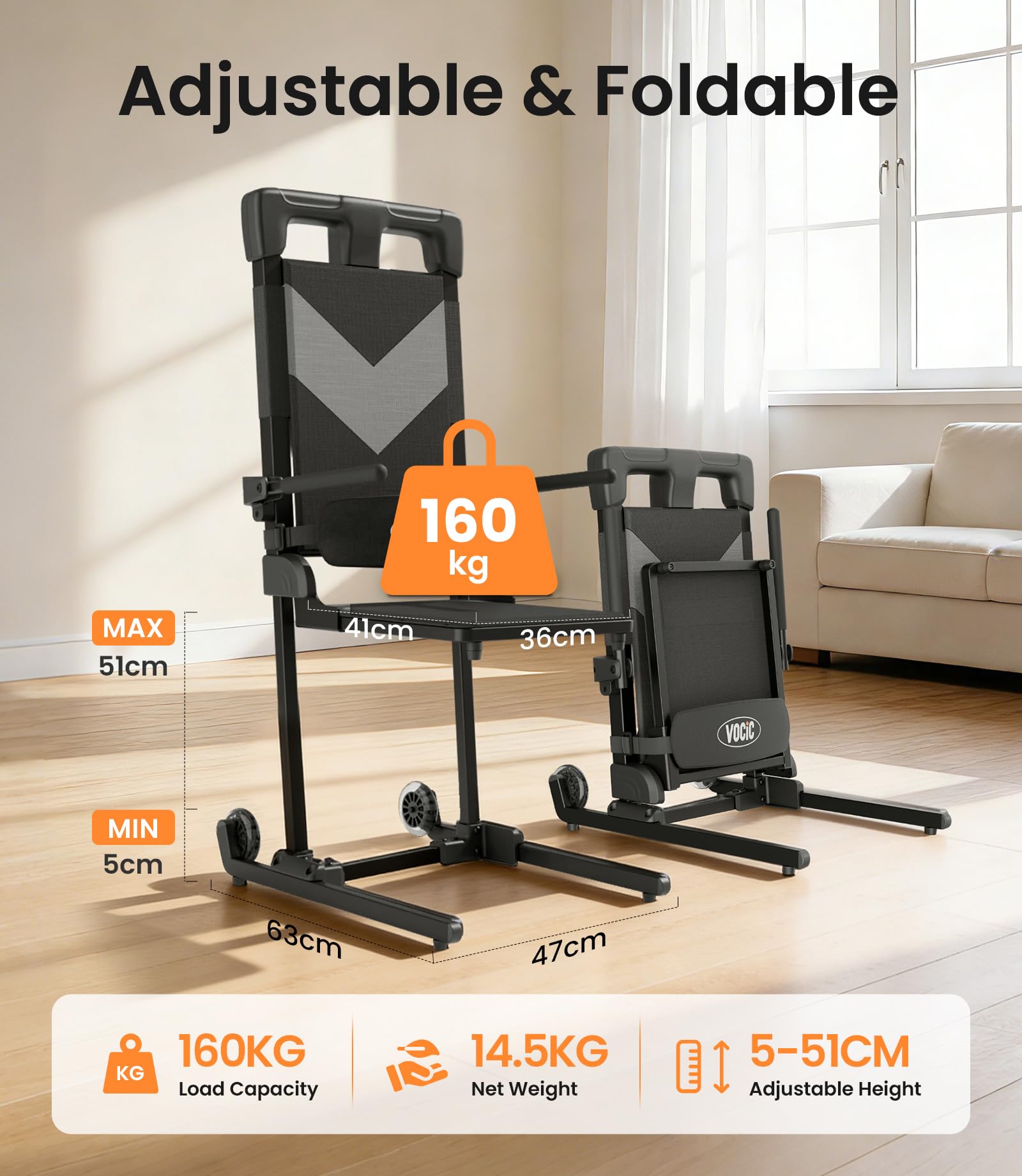 VOCIC AX25 - Sedia elettrica per alzarsi dal pavimento fino a 160 kg, leggera e mobile, con grandi ruote posteriori, compatta, ideale per anziani a casa e cura