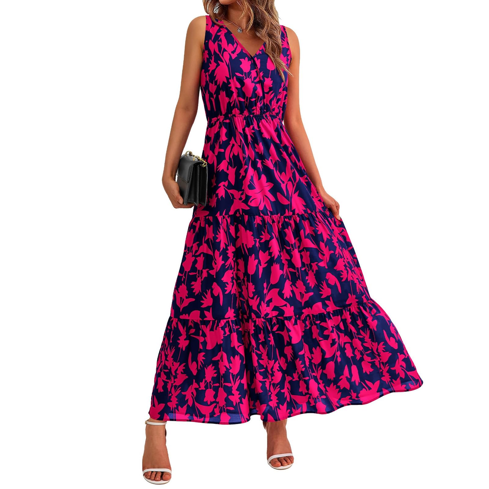 Womens Summer Dress Sleeveless V Neck Cute Floral Maxi Dresses Casual Flowy Swing Wedding Guest Long Dress