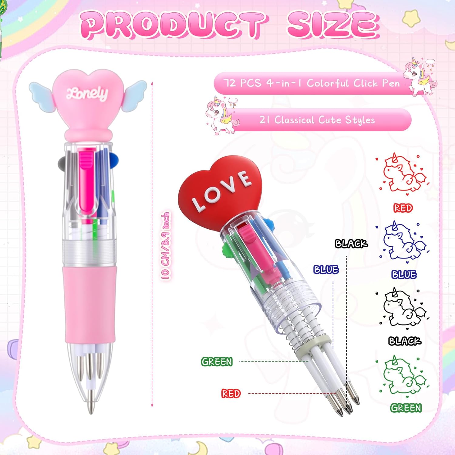 AmazingSpark 72 Pcs Cute Party Favor Pens Mini Multicolor Pens Bulk 4-in-1 Cartoon Kawaii Ballpoint Pen Retractable Donut Unicorn Writing Ink Pen for Birthday Gifts Office Supplies Fun Present