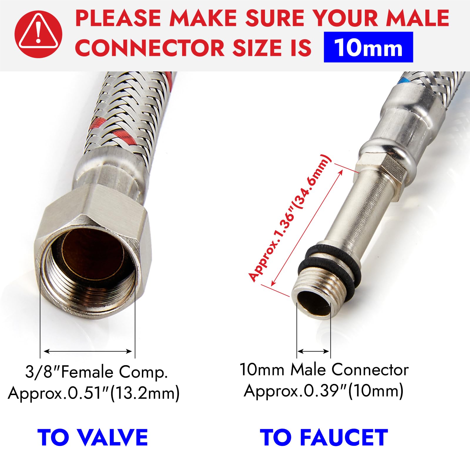 Midanya Líneas de suministro de agua para grifo de 40 pulgadas de largo, manguera de suministro de acero inoxidable trenzada de 3/8 pulgadas rosca de compresión hembra x conector macho M10, 2 piezas