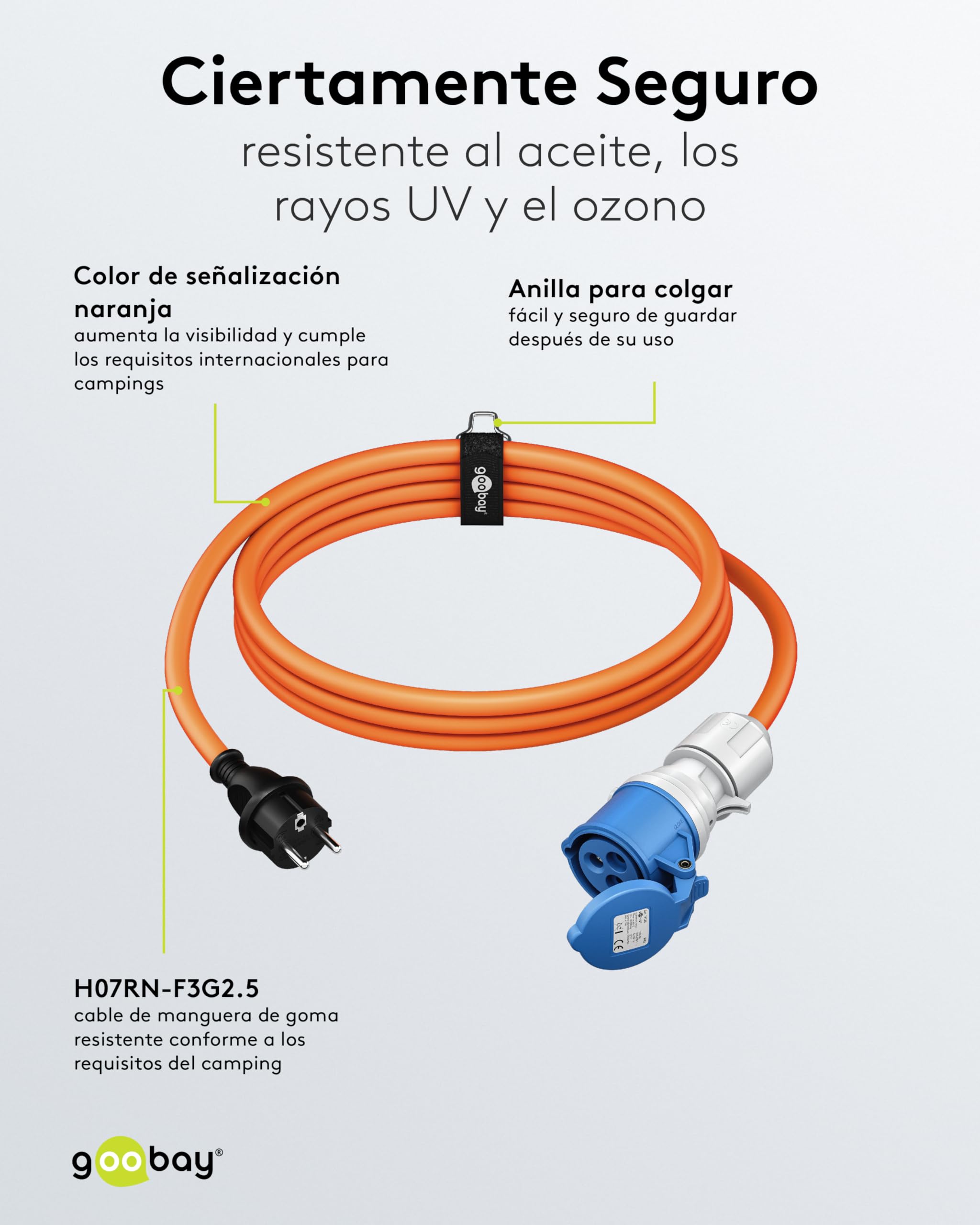 goobay Cable Adaptador CEE para Caravana, 5m, Enchufe con Contacto de protección a Toma CEE con Tapa de Cierre, IP44, Cable de Camping, autocarava y Caravana, 76219