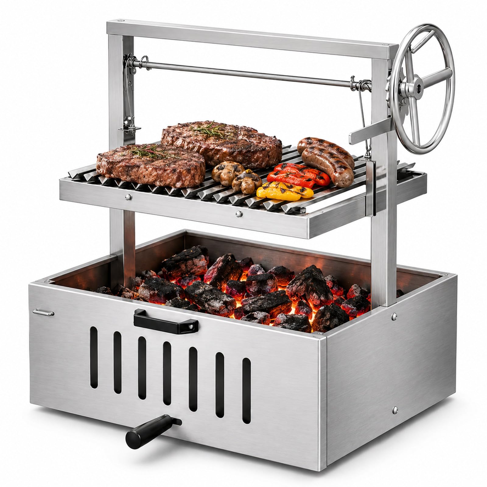 Barbecue Santa Maria Stile Argentino, griglia a V Regolabile con manovella, Acciaio Inox per Cottura a carbonella, Giardino, terrazza e Uso Esterno