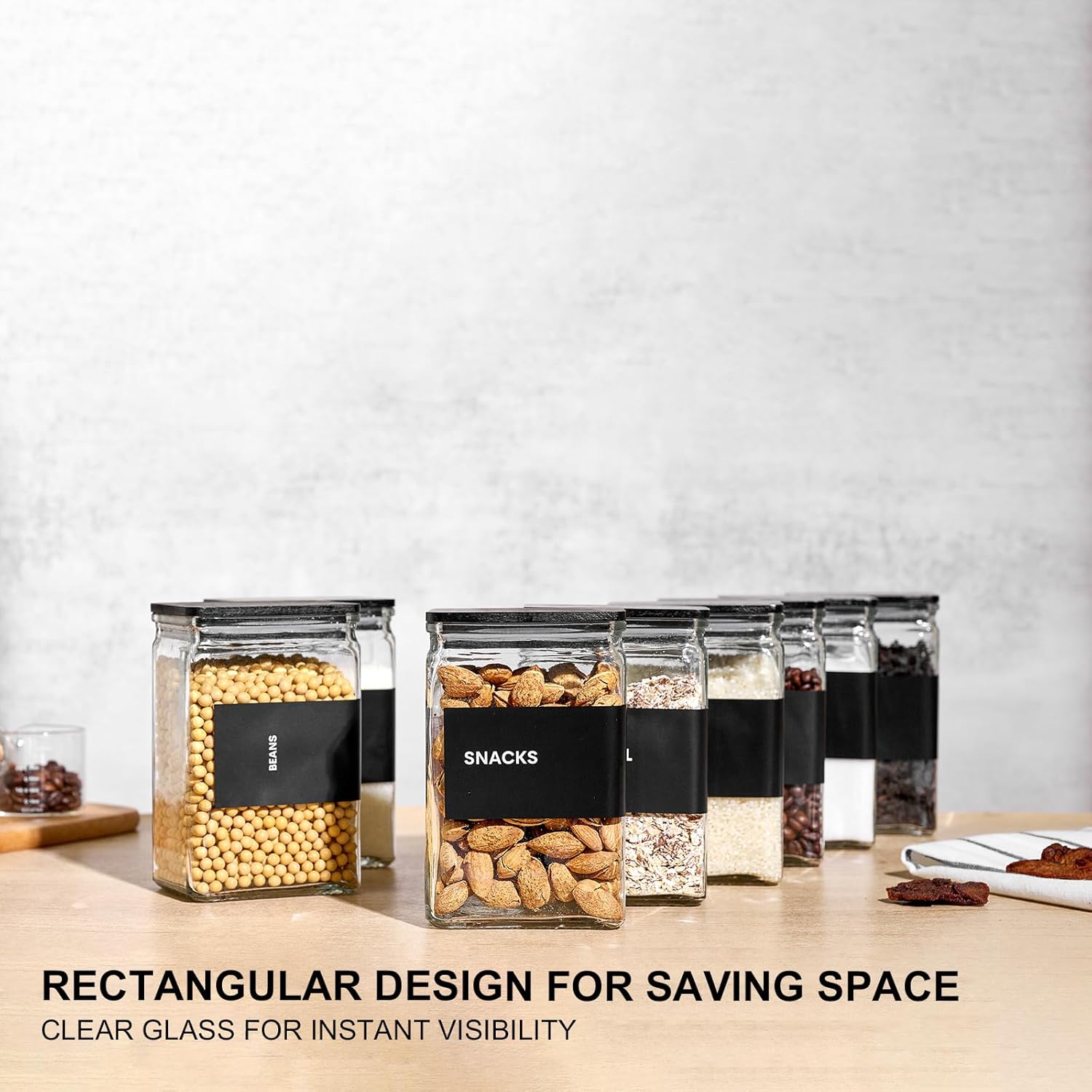 Glass Storage Jars with Bamboo Lids, 27oz Square Food Storage Containers for Kitchen Pantry Organization, Storage Canisters with Labels for Cereal Flour Beans Tea, Large Spice jars Seasoning Bottles