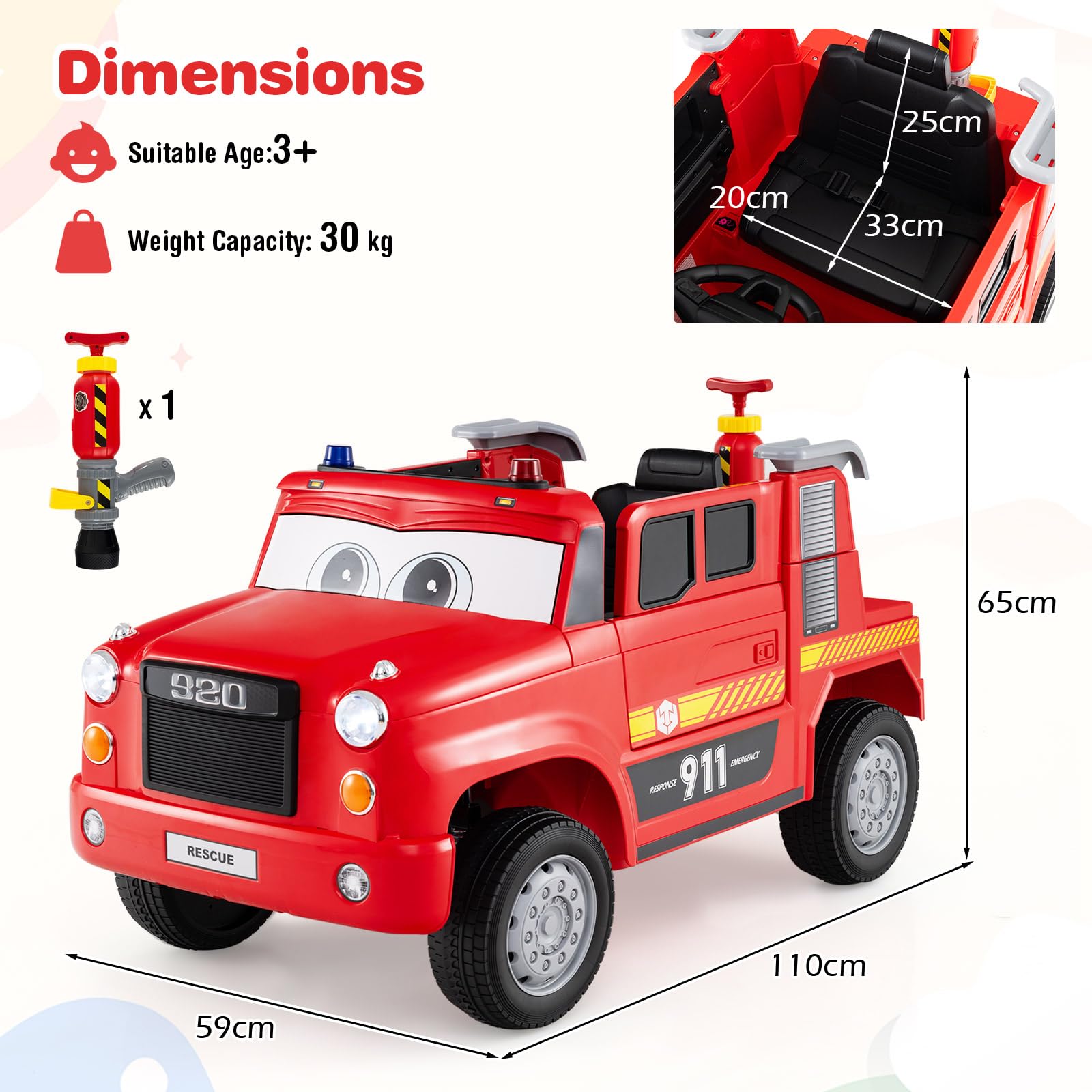 COSTWAY Kinder Elektroauto, 12V Feuerwehrauto Elektro mit Wasserpistole & Fernbedienung, Elektrisches Kinderauto mit Musik, Alarm, Blinklichtern und Softstart, Elektrofahrzeug für Kinder ab 3 Jahren