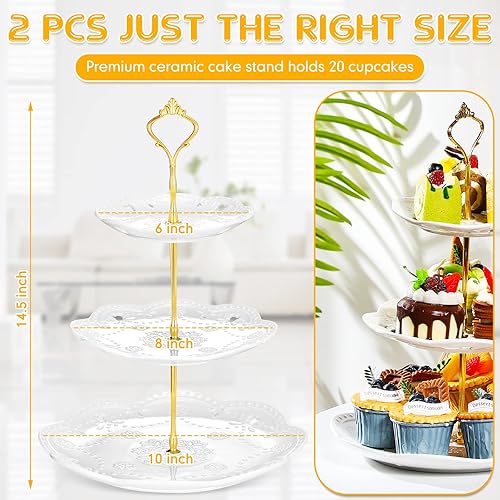 Miniatura 2 de Tatuo 2 soportes de porcelana de 3 niveles para cupcakes, torre para tartas, pastelería para servir postres, soporte escalonado de cerámica blanca