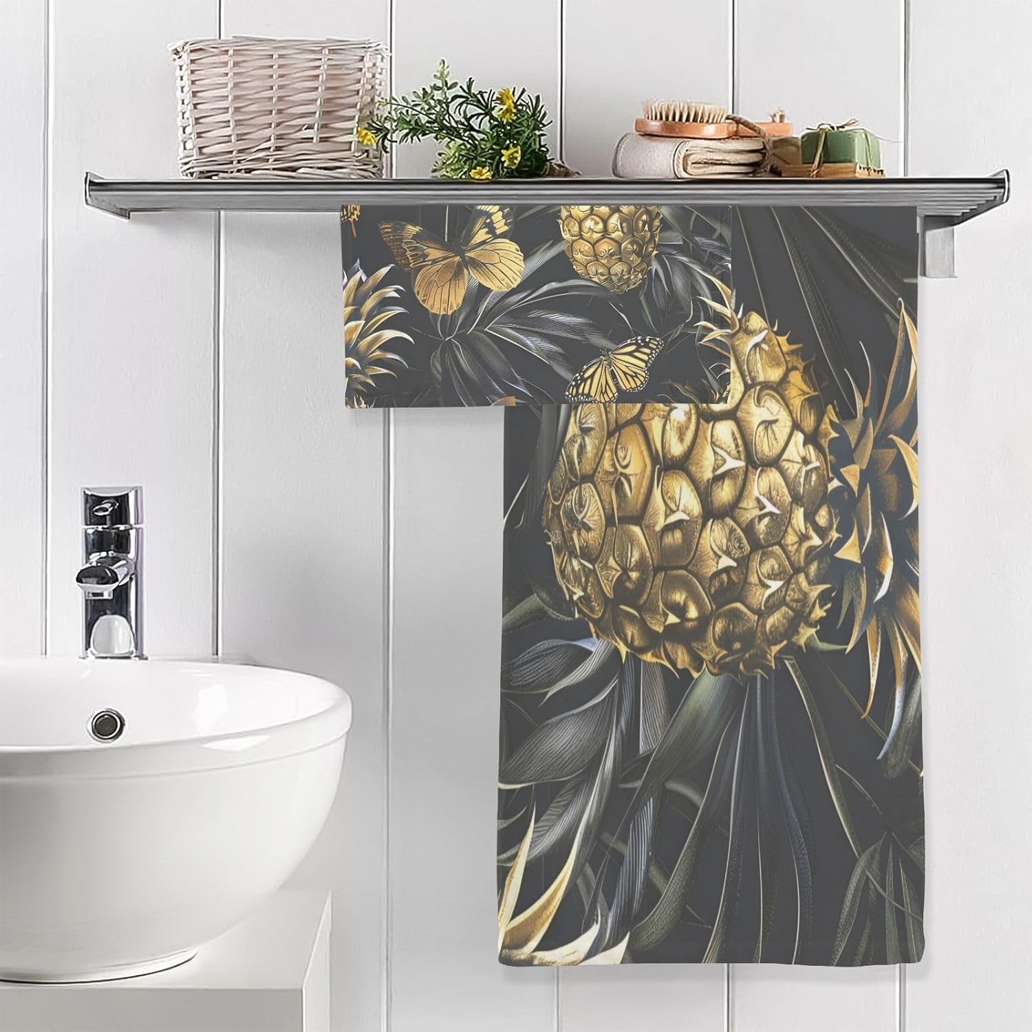 Hand Towels Premium Soft and Highly Absorbent Beautiful Pineapples and Butterflies 2 Pcs Towels for Bathroom Set 100% Cotton Decorative Face Towels