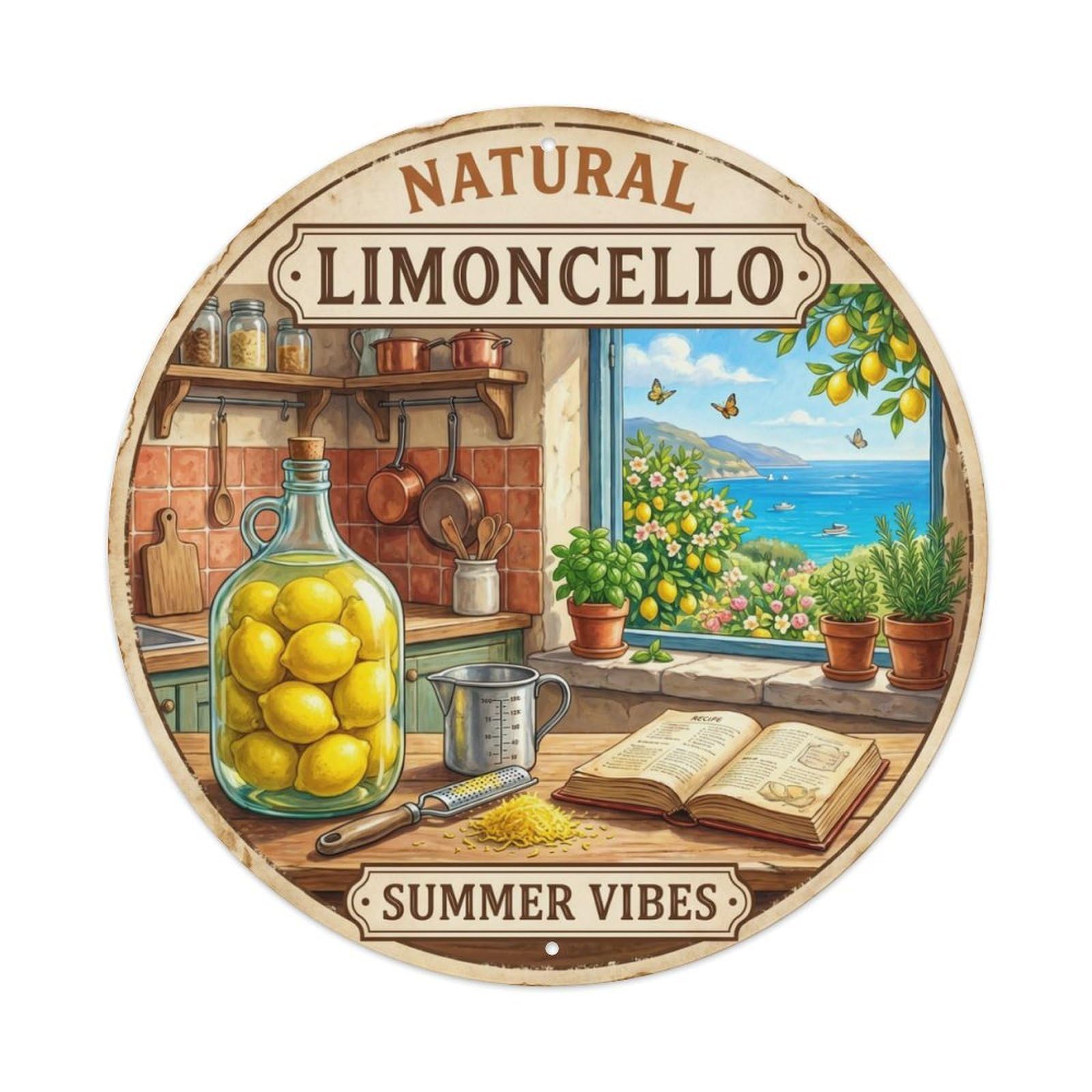 Fqcyn Style Authentic Limoncello Recipe Metal Tin Sign Plaque Wall Decor For Cafe, Club Bar, Office, Home Garden Round Metal Poster 8X8inch