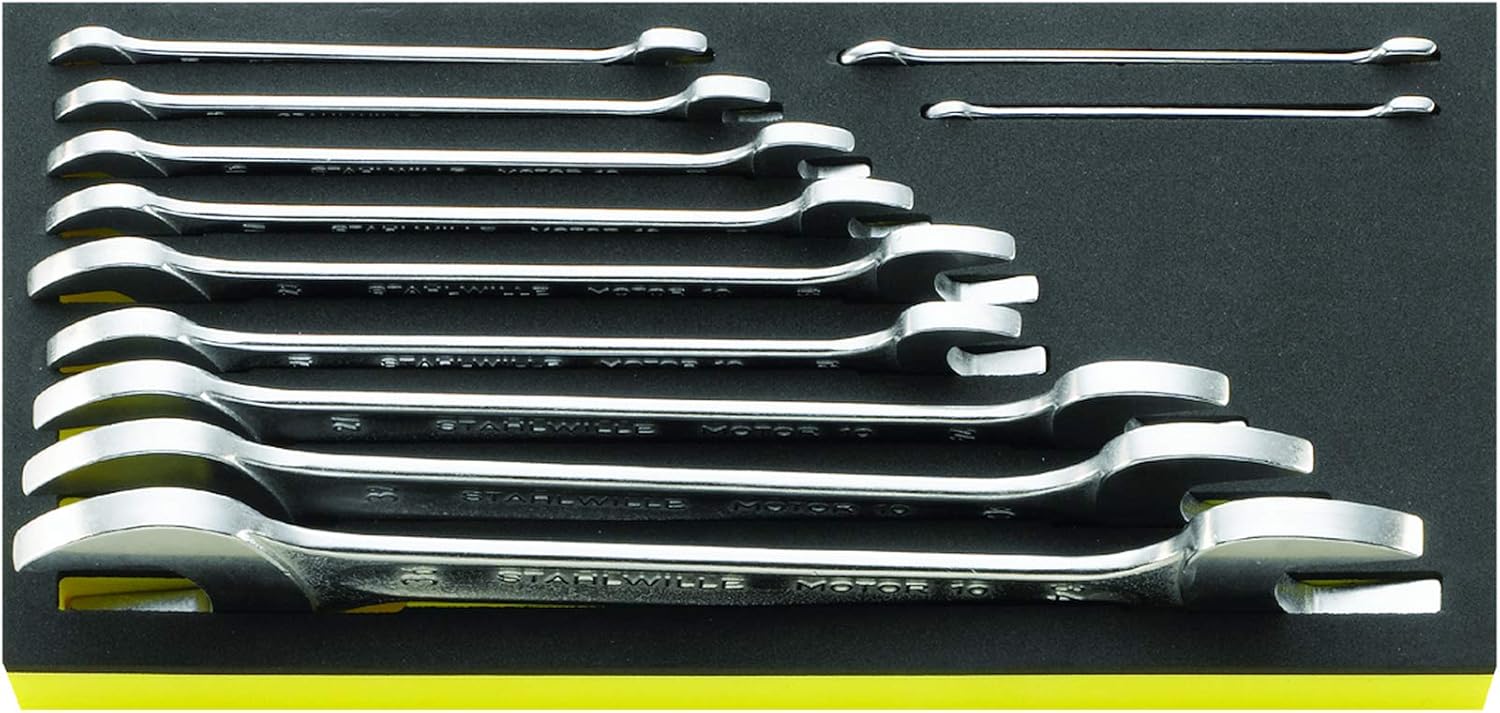 Stahlwille 96830167 11-Piece Double Open Ended Wrench Set, Size Range 6x7 to 34x36mm, Chrome Plated Finish, TCS Safety Inlays (175 x 350 x 82mm), Made in Germany
