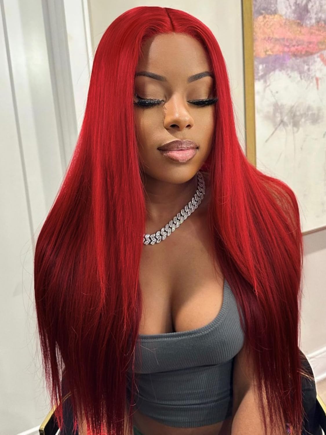 Long Straight Ombre Red Wig Synthetic Devil Red Wigs for Women 26 Inches Middle Part Straight Hair for Cosplay/Music Festival/Carnival/Valentine's Day Wig