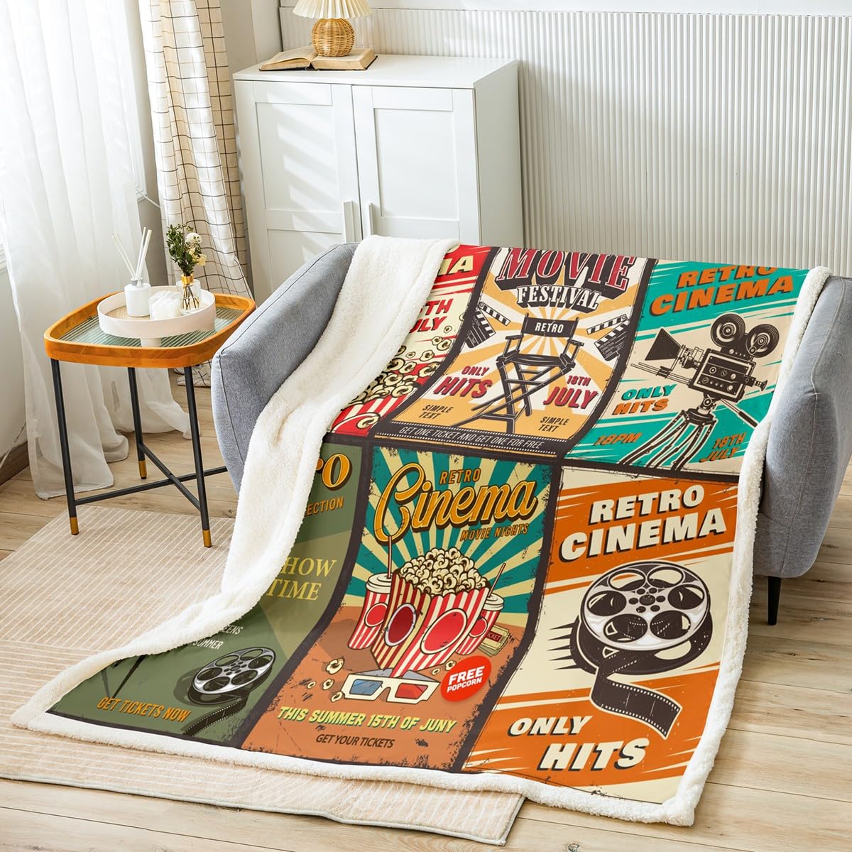 Movie Night Fleece Throw Blanket Double 60"x79" Movie Theater Decor Plush Blanket for Kids Adults Vintage Cinema Sherpa Blanket Home Theater Fuzzy Blanket Decor