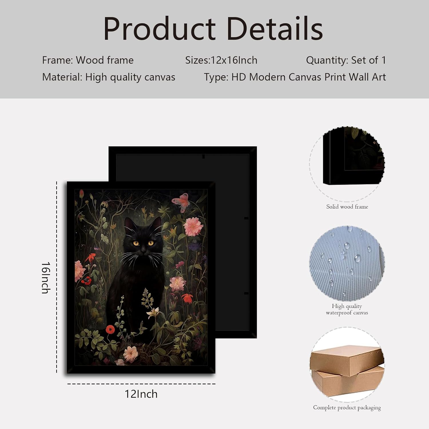 Black Cat Wall Art with Wooden Frame – Vintage Floral Cat Painting, Gothic Dark Academia Framed Picture, Antique Moody Cottagecore Wall Decor Print 12×16 Inch