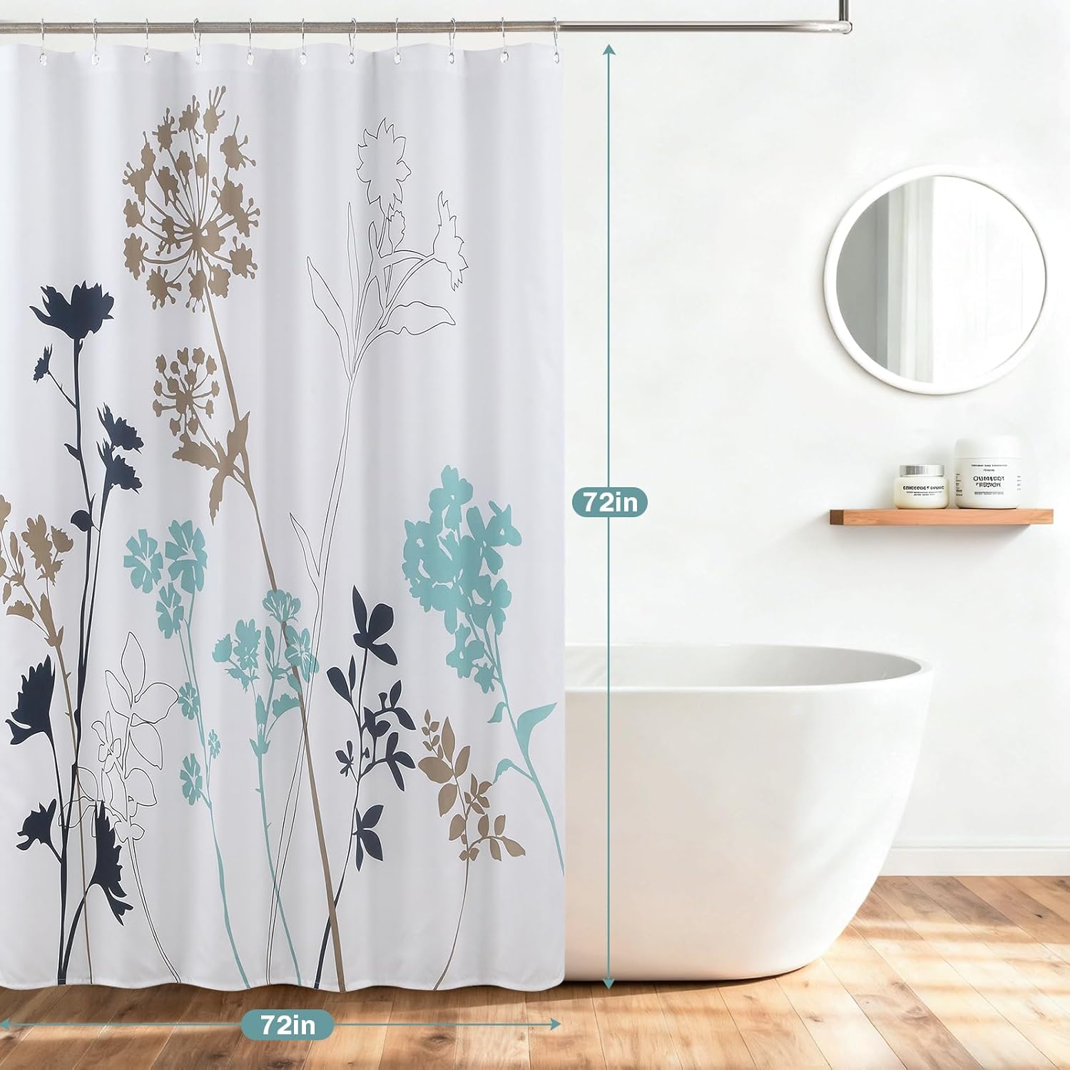Floral Fabric Shower Curtain,Blue and White Curtains Printed Black and Brown Plants Farmhouse Decorative for Bathroom,72" W x 72" H