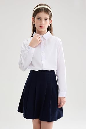 maoo garden Girls White School Uniform Shirt Long Sleeve Blouse Button Down Blouse
