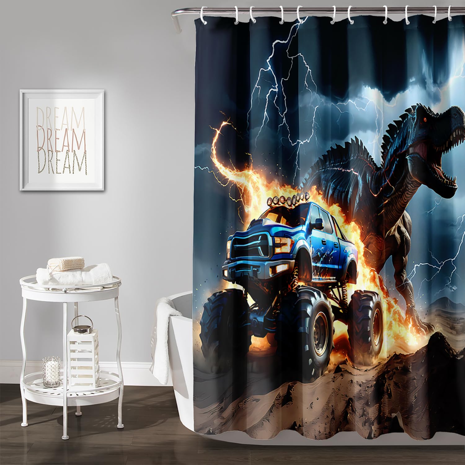 AILONEN Boys Dinosaur Shower Curtain, Monster Truck Bath Curtain,Lightning Roaring Dinosaur Kids Shower Curtain,Waterproof Curtain Bathroom 72