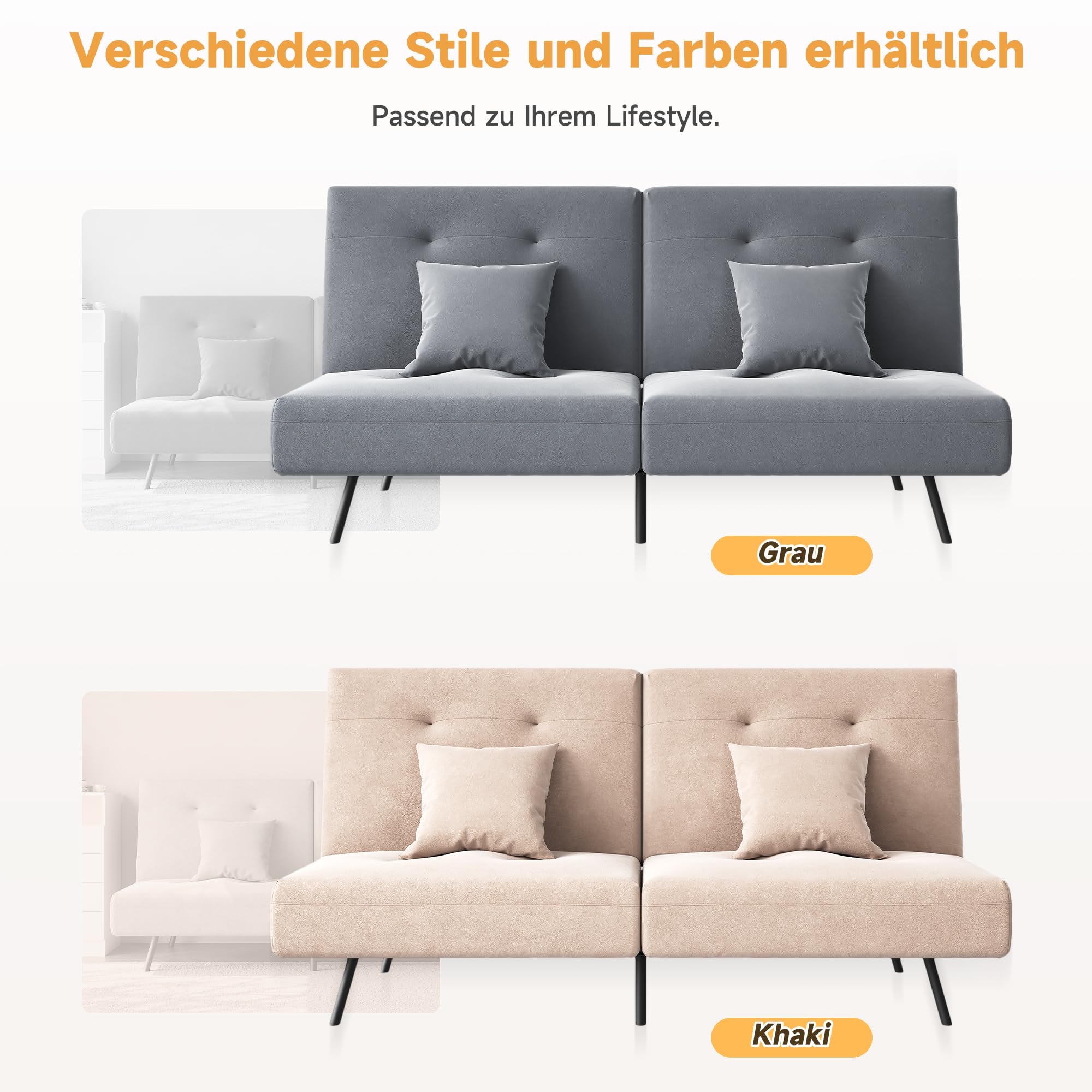 SONNI Sofá cama 3 en 1, sofá cama plegable con respaldo ajustable (100° 135° 180°), 2 cojines, función de sueño, terciopelo bebé, caqui, para salón, habitación de invitados y espacios pequeños, 180 x
