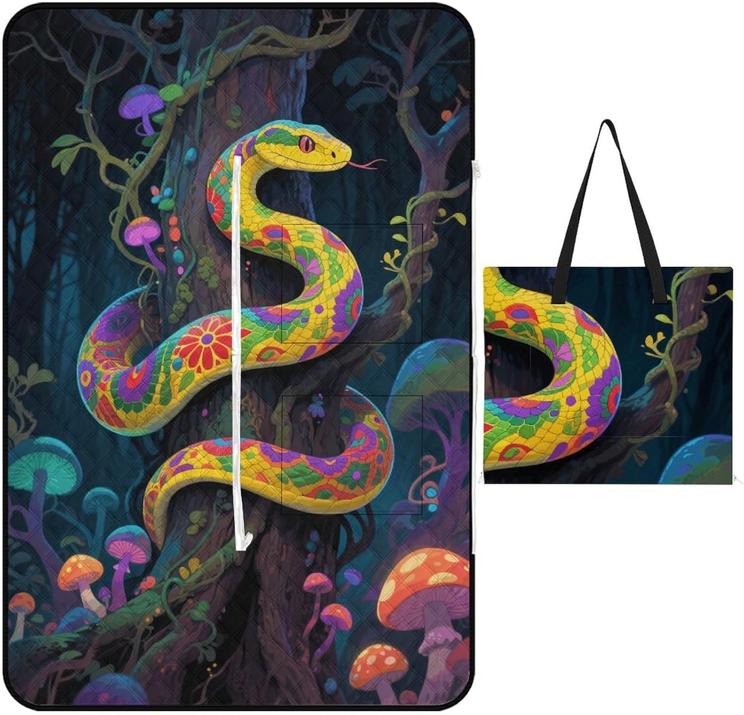 Exquisite Snake Picnic Blanket 150x100cm, Foldable 2-in-1 Picnic Mat and Tote Bag Portable Waterproof Beach Mat Sandproof Outdoor Blanket for Park, Hiking, Beach, Camping, Travel