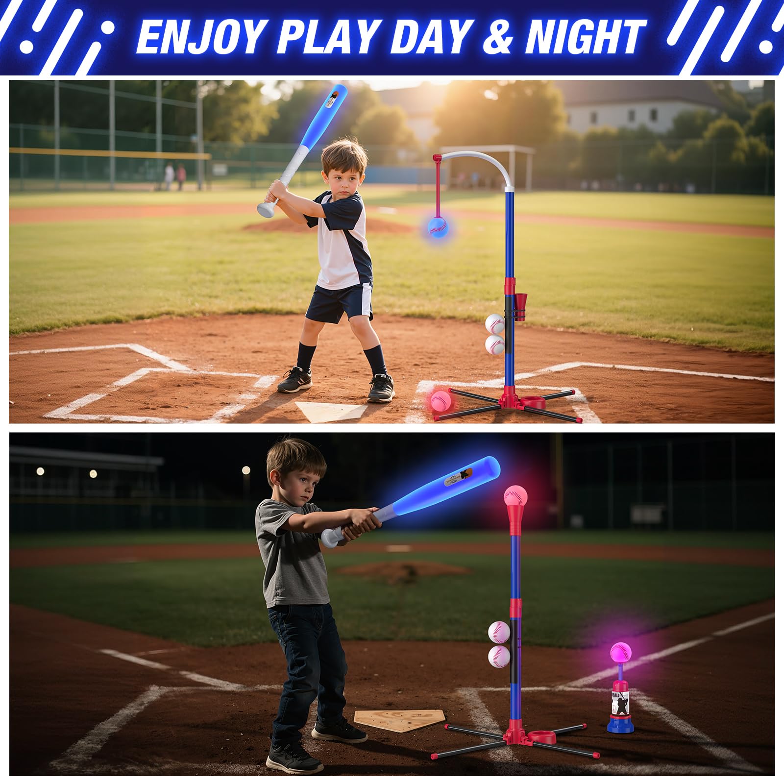 HYES Juego de béisbol LED 3 en 1 para niños de 3 a 5 años, soporte de tee ball, camiseta colgante, lanzador de bolas y 4 pelotas de sóftbol, altura ajustable, regalos deportivos para interiores y