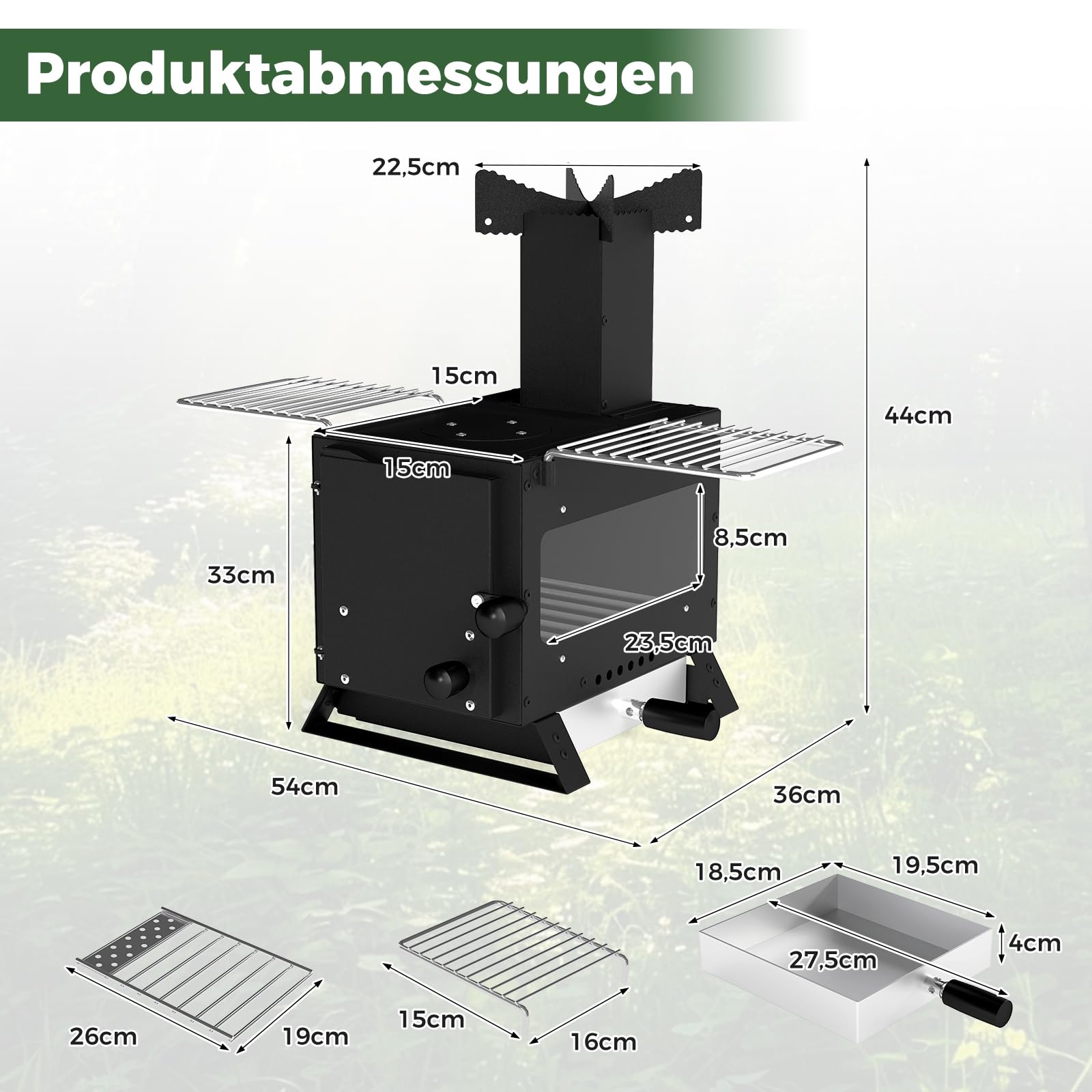 GYMAX Holzofen, tragbarer Campingofen mit hitzebeständigem Glasfenster, Grillrost & Topfhalter, Zeltofen für Outdoor-Kochen, BBQ, Picknick, 54 x 36 x 44 cm