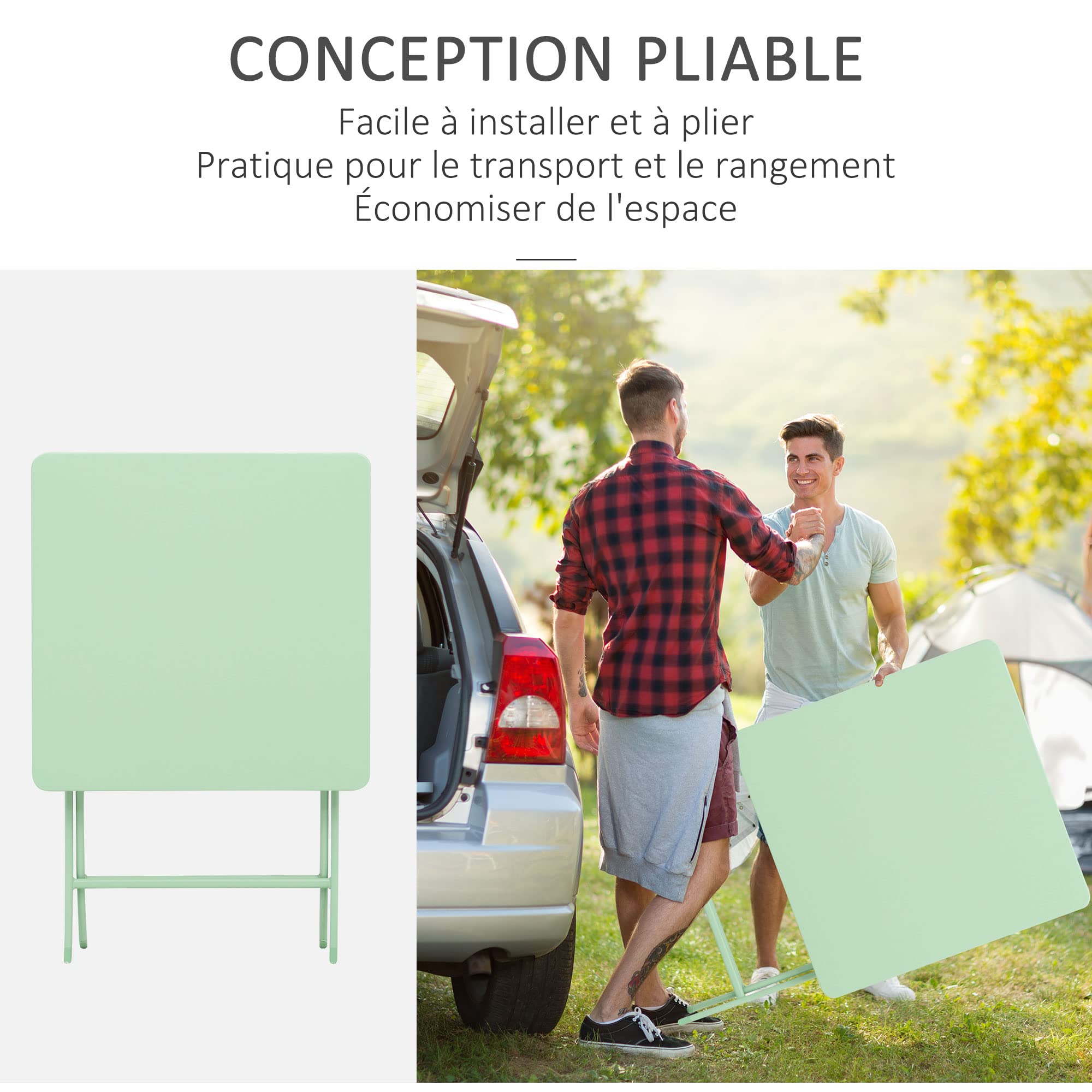 Outsunny Salon de Jardin Bistro Pliable Table Carrée 60x60x71 cm Métal Thermolaqué Vert d'Eau avec 2 Chaises