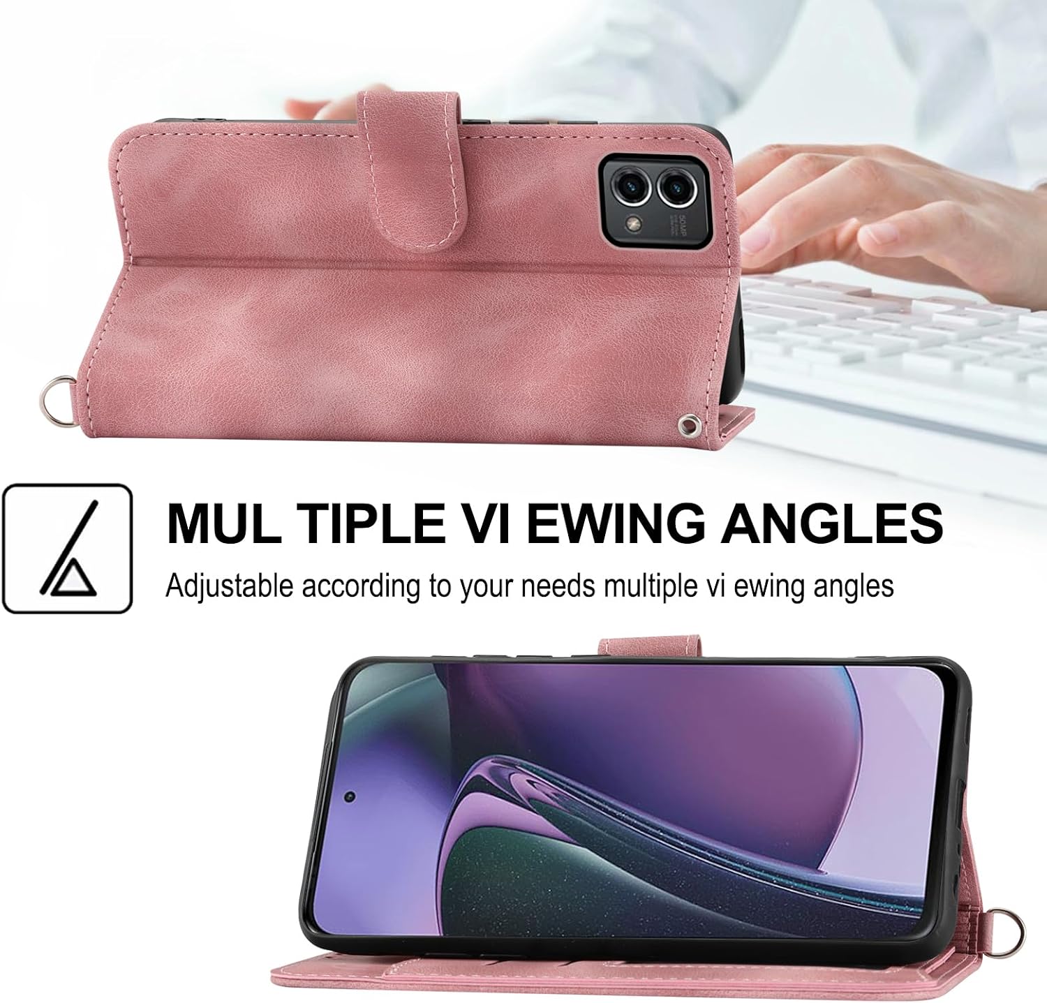 Wallet Case for Motorola Moto G Stylus 5G 2023 with Wrist Strap Crossbody Shoulder Strap, Embossed PU Leather Flip Credit Slim Stand Cell Phone Cover for GStylus G5 XT2317DL Women Girls Pink