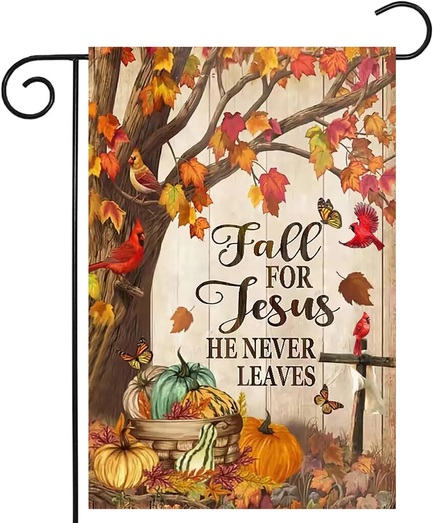 Fall Tree Cardinal Garden Flags 12x18 Double Sided, Fall for Jesus He Never Leaves Yard Flag for Outside Decor, Autumn Cross Pumpkin Thanksgiving Holiday Outdoor Seasonal Decorations for Home