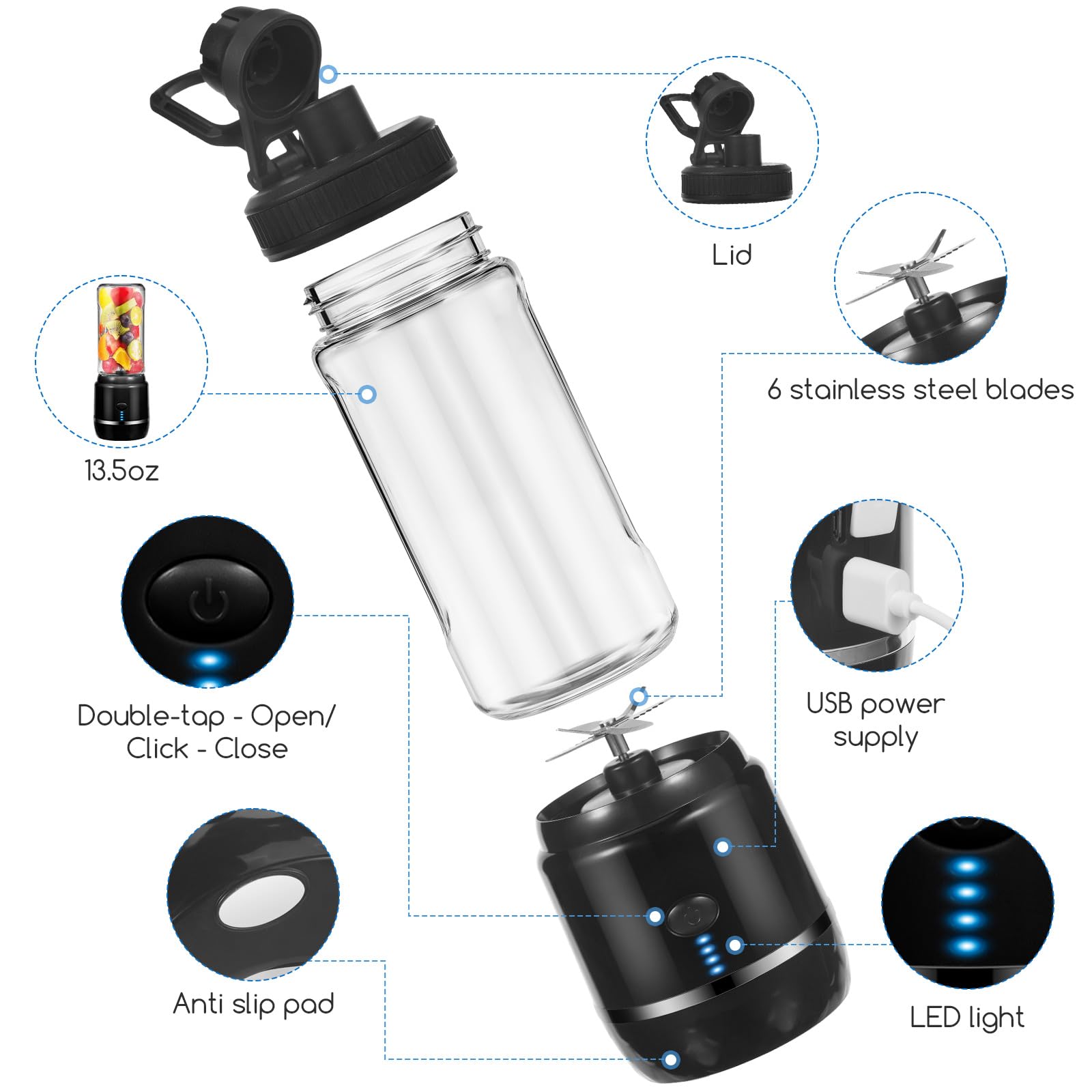 Mixeur portable pour milkshakes et smoothies avec tasse de voyage sans BPA et couvercle, mini mélangeur portable rechargeable par USB pour voyage, salle de sport, bureau (noir