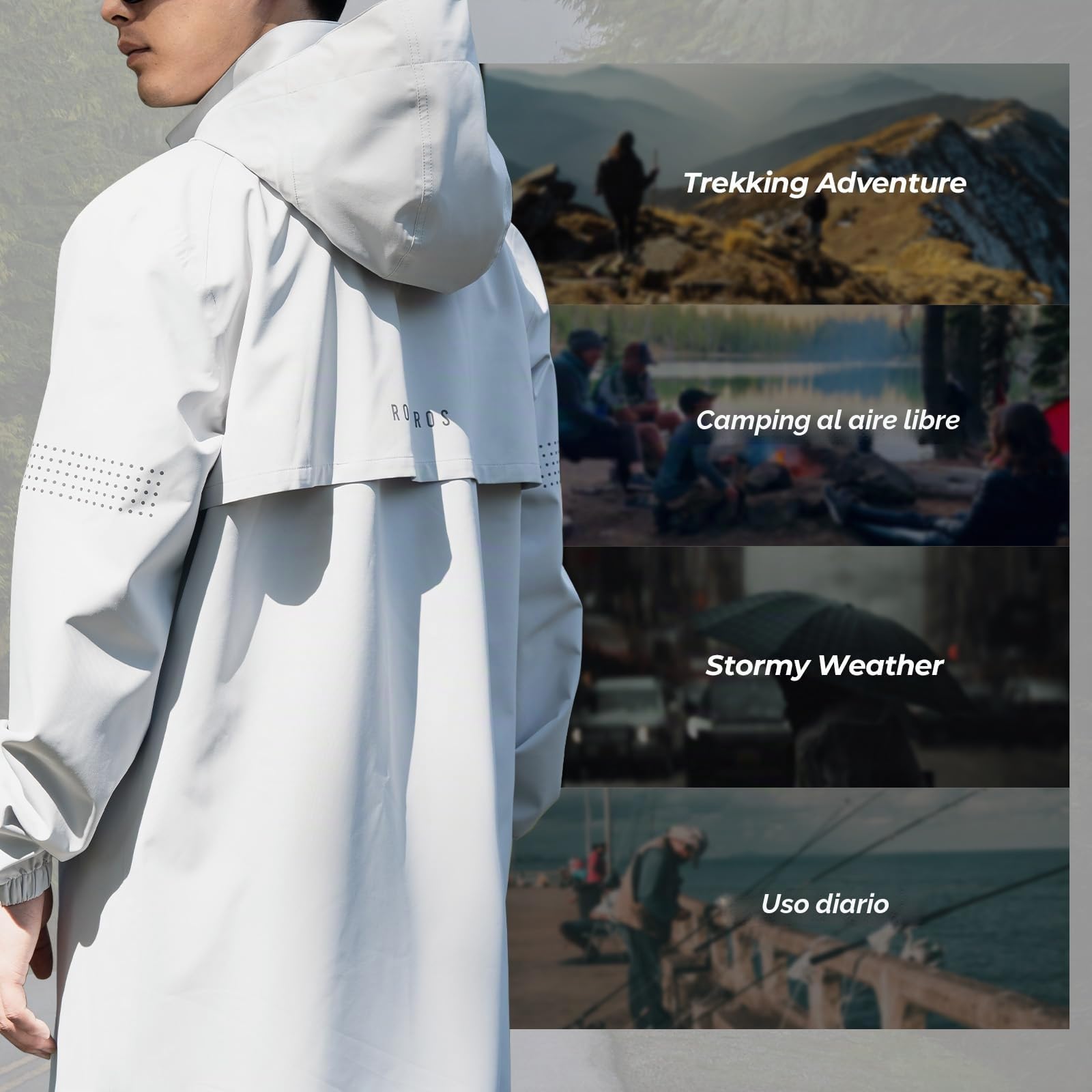 ROCKBROS Chubasquero Largo Deportivo Hombre Mujer, Chaqueta de Lluvia Larga Poncho Impermeable Transpirable Cortaviento con Capucha y Detalles Reflectantes para Senderismo Camping Ciudad, Gris Blanco