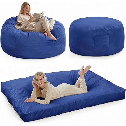 Garvee 4 in 1 Adult Bean Bag Chair, 4ft Large Beanbag Chair with High Rebound Memory Foam Filler and Removable Cover, Oversized Comfy Flannel Bean Bag Couch Bed Lazy Sofa for Adults Teens, Blue