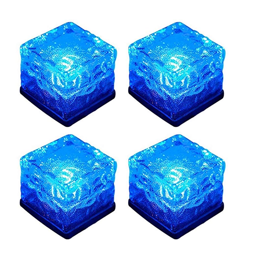 Solar Brick Lights Outdoor Waterproof Solar Powered Ice Cube Lights Frosted Glass Garden Landscape Lighting for Courtyard Pathway Patio,4 Pack,Blue