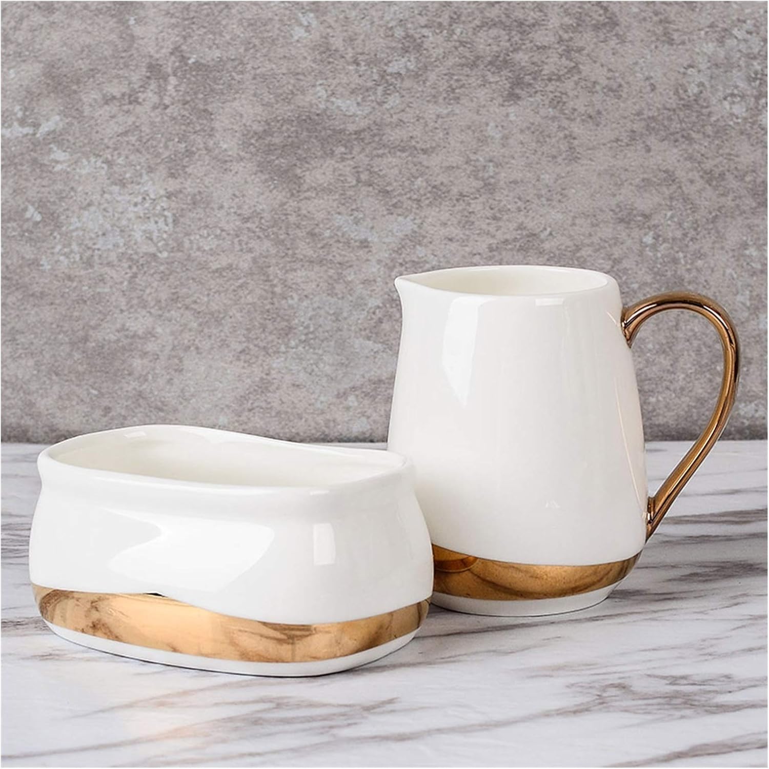Saucer Porcelain Sugar and Creamer Set for Coffee and Tea Multifunctional Cream Jug with Handle/Sugar Jar/Small Milk Cup Golden Edge Dish(B), 20010125