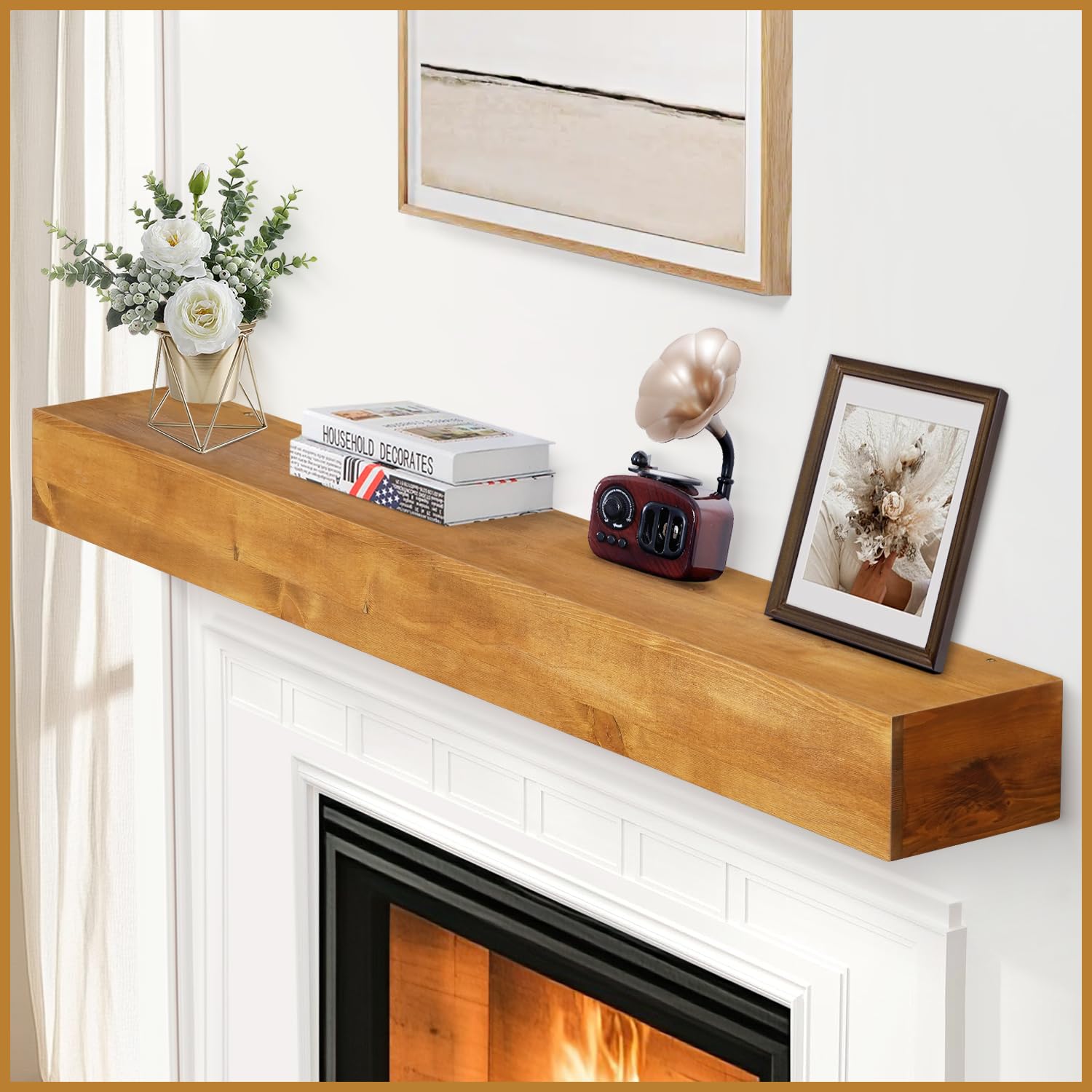g good gain fireplace mantel 60 inch - handcrafted rustic solid wood mantel l floating shelves decor for wall, bedroom, tv, books, livingroom.oak?60x8x5
