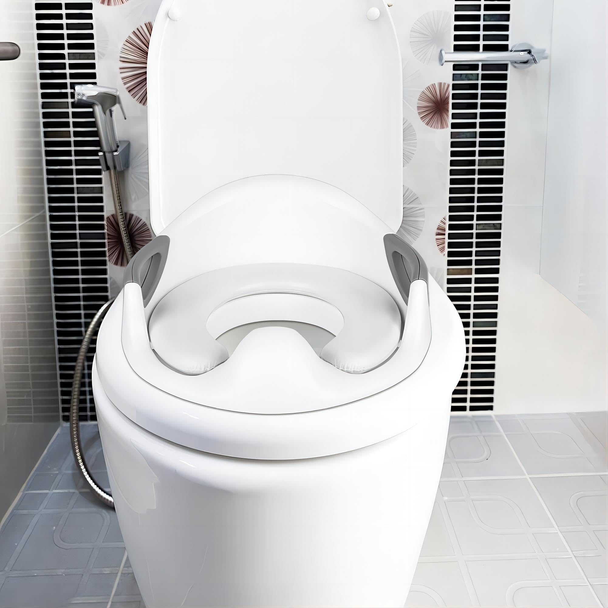 Abattant WC Enfant pour Toilettes Adulte, Bébé Réducteur de Toilette, Rehausseur WC Enfant, Siège de Toilette avec Coussin Moelleux, Poignée, Dossier
