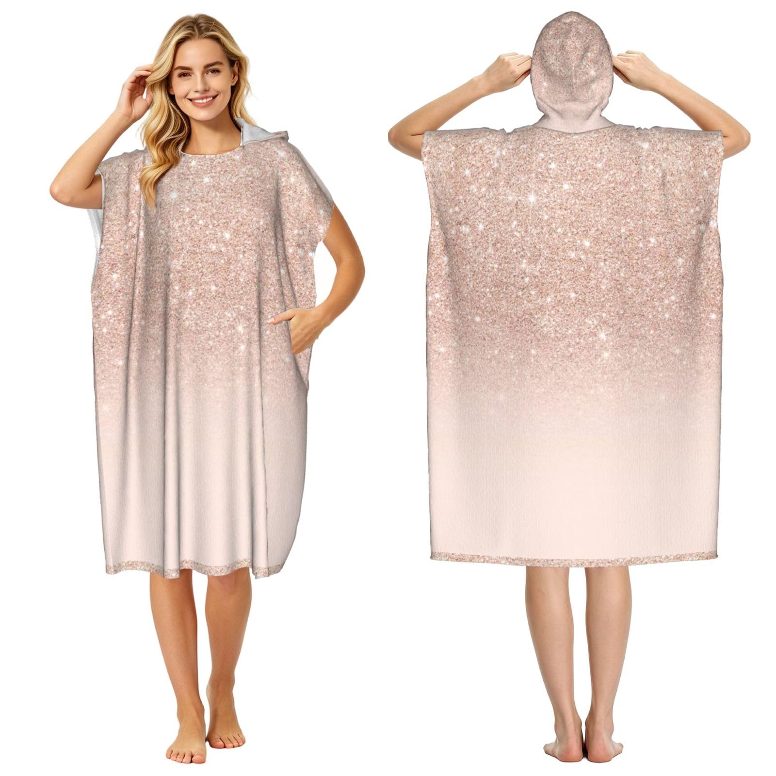 Poadnly Rose Gold Faux Glitter Pink Ombre Block, Adult Hooded Beach Towel 90 x 110 cm,Changing Bath Robe, Surf Poncho Towel For Women Men