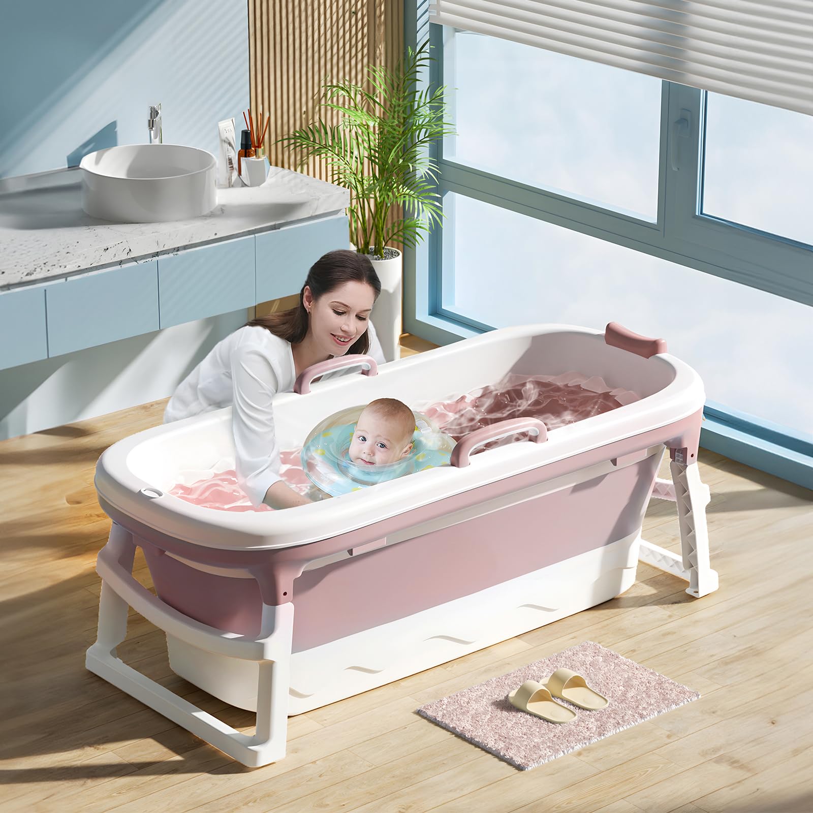 Warmiehomy Baignoire portable pour adulte, 138 x 62 x 52 cm, grande baignoire pliable, baignoire épaisse sur pied, baignoire de massage à la vapeur avec couvercle, baignoire de sauna à la maison pour