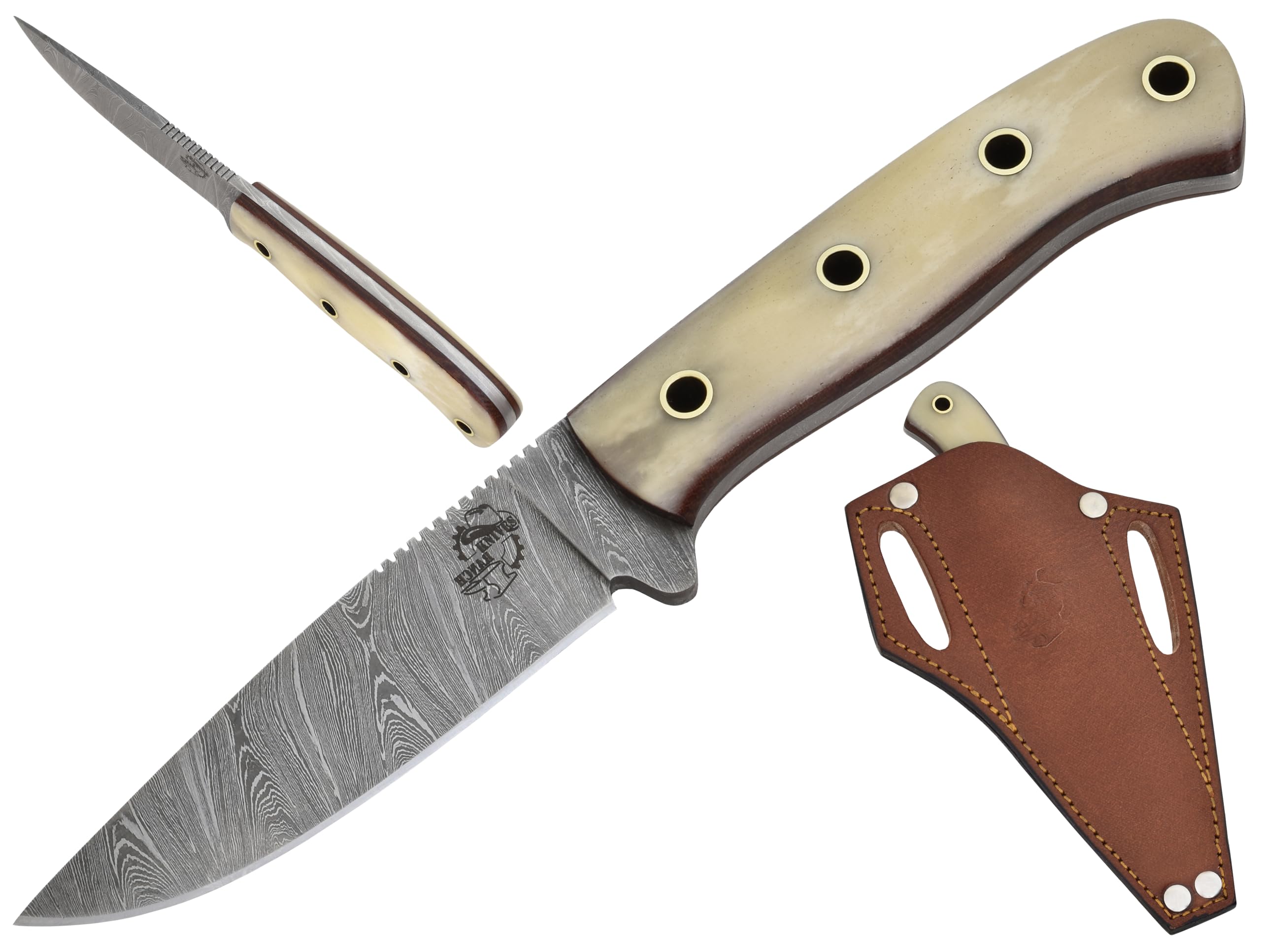 Knives Ranch Fixed Blade EDC Knife with Pancake Sheath – Small Hunting Knife – Damascus Skinning Knife – Cowboy Knife with Leather Sheath - Cattle Bone Handle - Leather Sheath Snug Fit (3112-B)