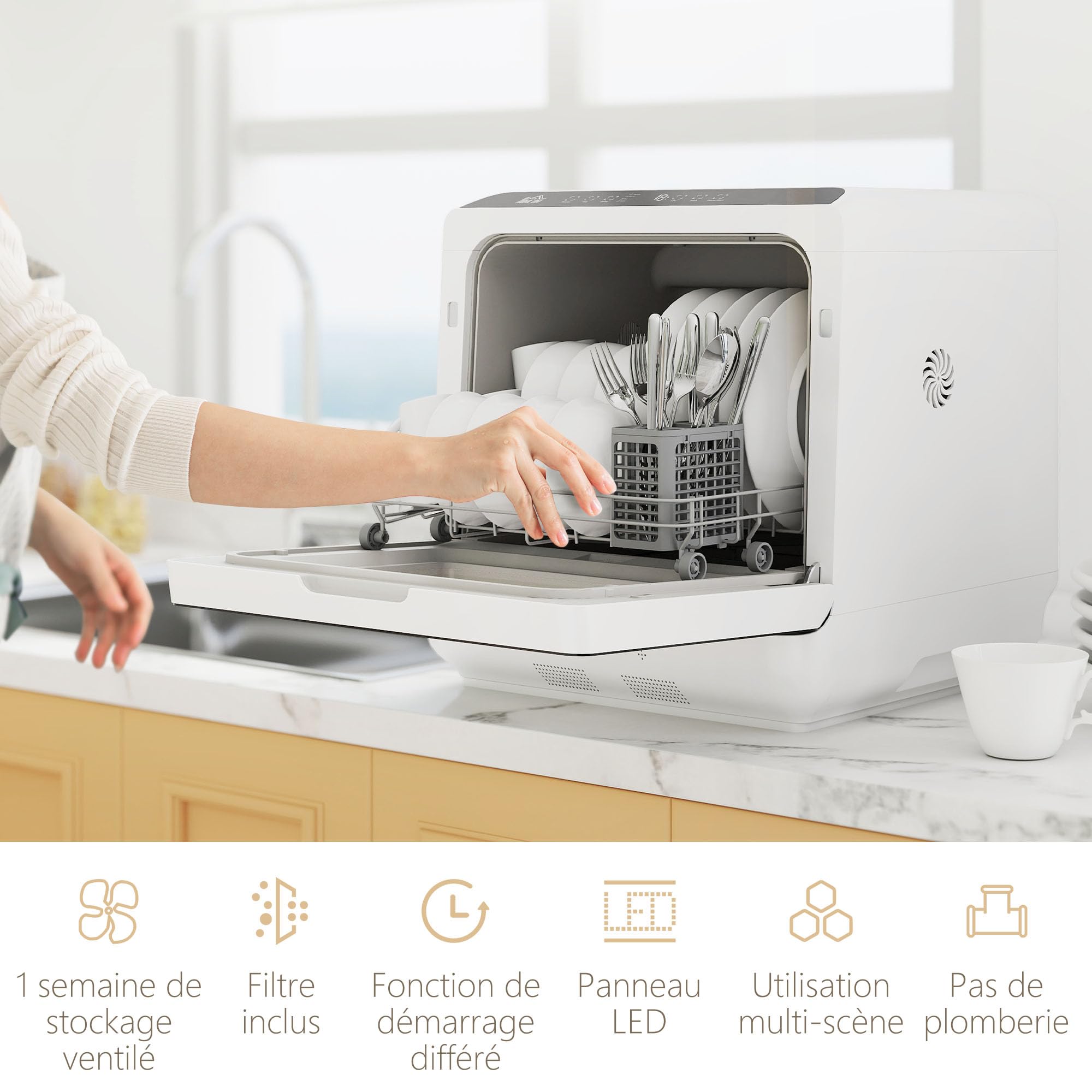 HOMCOM Mini lave-vaisselle compact 4 couverts, lave-vaisselle de table avec 6 programmes, réservoir 6L, écran LED, double alimentation en eau, commande tactile, départ différé et séchage à l'air blanc
