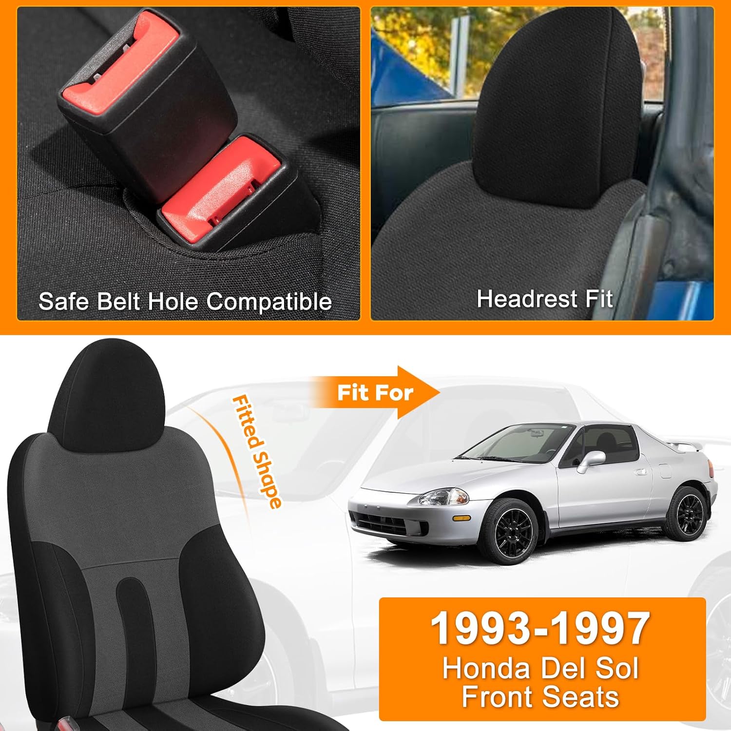 Front Seat Covers Compatible with 1993-1997 Honda Del Sol, Neoprene Durability Truck Seat Cover, Black and Charcoal
