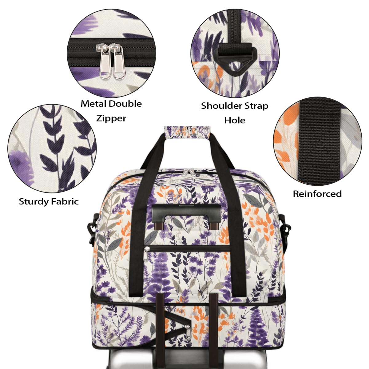 Borsone da viaggio pieghevole con motivo floreale di lavanda acquerello, borsa da palestra espandibile con scomparto per scarpe, borsa da weekend di grande capacità, borsa da portare con sé, per