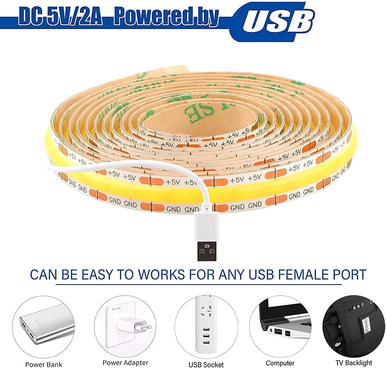 5V LED Strip 4.9ft-480LEDs Dimmable USB Strip Lights 4000K White LED Strip Lights CRI85+, Flexible COB USB Light and Cuttable LED Strips for TV Backlight, Bedroom, Cabinet, Kitchen, DIY Lighting