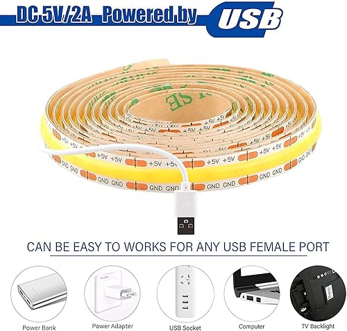 Miniatura 4 de dephen Tira de luces LED regulables de 4.9 pies, cadena COB sin puntos de luz diurna de 5 V, 4000 K, iluminación de cuerda flexible y cortable,
