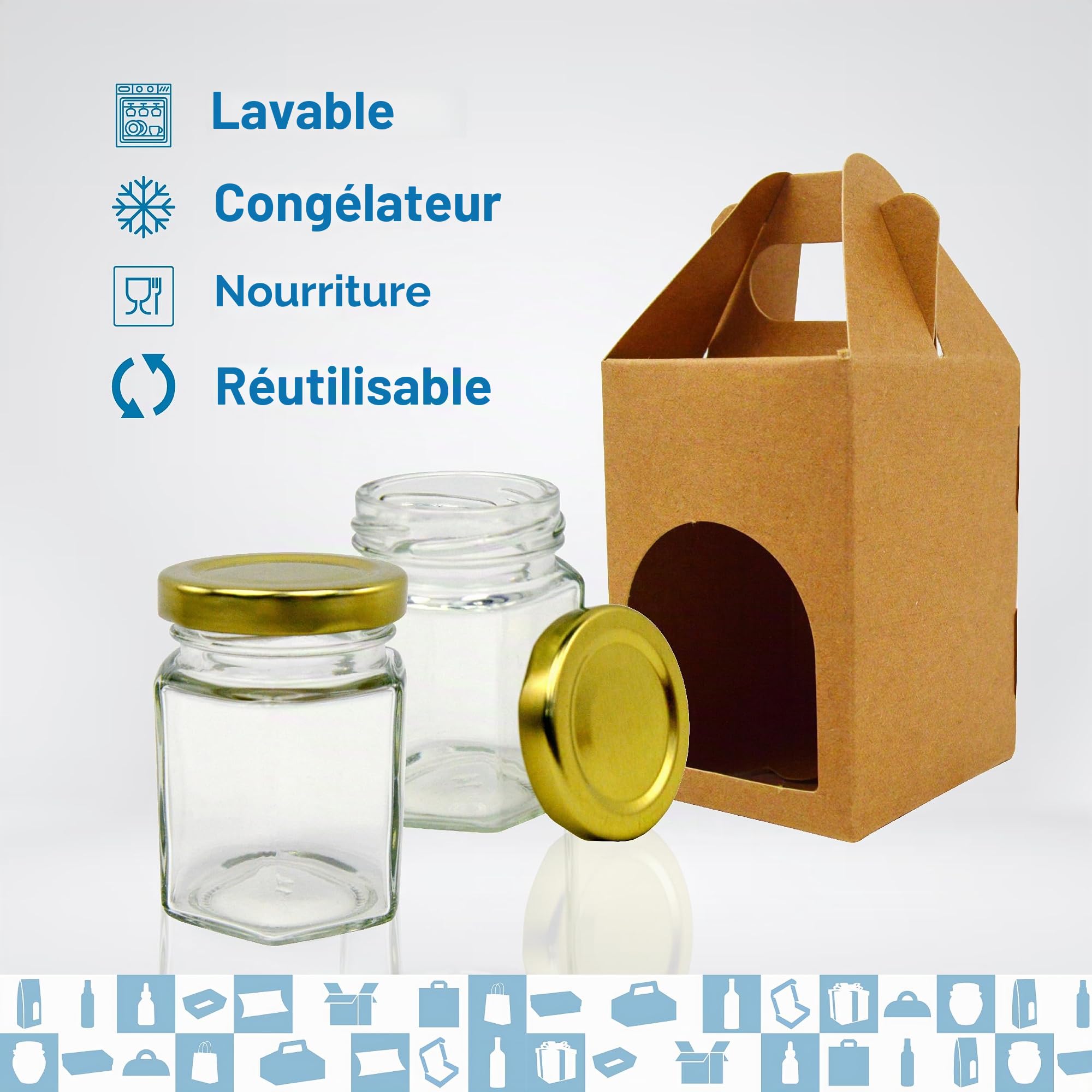 Espirito Rebelde 20x Petit Pot de Miel Hexagonal avec Couvercle 80ml + 20x Boîte Kraft pour 1 Pot - Idéal pour la Conservation de Miel, Confiture, Épices, Yaourt