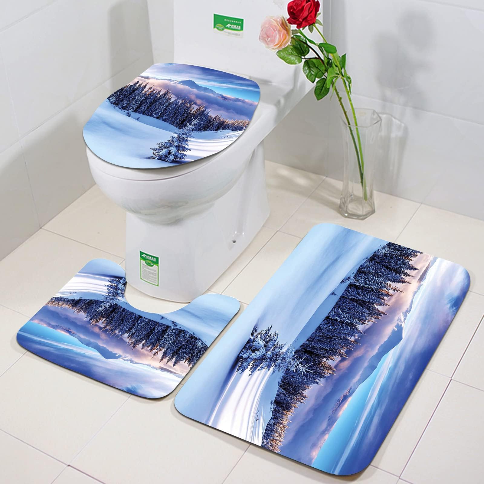 Bath Mat Sets 3 Piece Washable Bath and Pedestal Mat Sets,Winter ations,Surreal Winter Scenery with High Mountain Peaks and Snowy Pi,Bathroom Rug Set Absorbant Bathroom Mat Set Bath and Toilet Mat Set