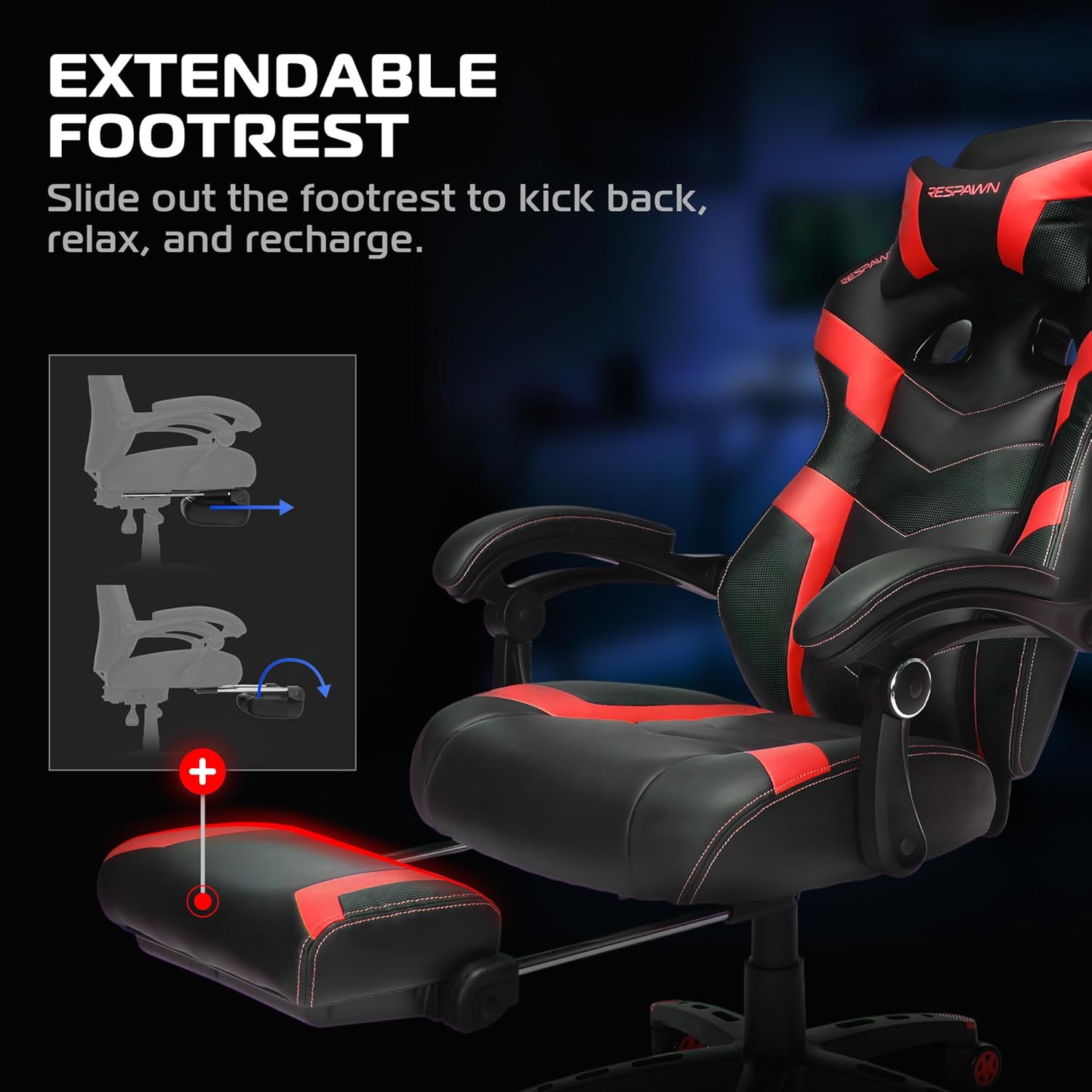 71zvi9t8b7L._AC_SL1500_ Respawn 110 Pro Ergonomic Gaming Chair with Footrest for Adults - Comfortable Office Gaming Recliner with Lumbar Support and Headrest, Racing Style Video Game Chairs for Computer Gamer - Red