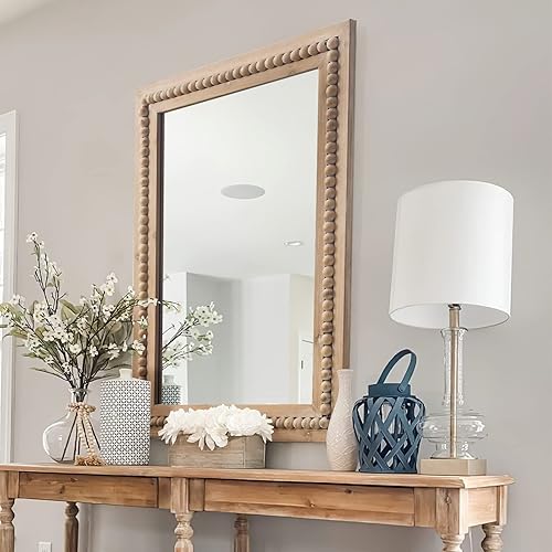 Miniatura 6 de H HOMEWINS Espejo rectangular rústico, espejo decorativo cuadrado de madera de 22 x 30 pulgadas, espejo decorativo de cuentas naturales de granja