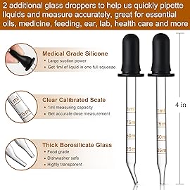 4 Pack, 1 oz Amber Glass Dropper Bottles Plus 2pcs Graduated Calibrated Glass Pipettes (1ml)- 30ml Dark Brown Tincture Bottles with Eye Droppers for Essential Oils, Liquids - Leakproof Travel Bottle