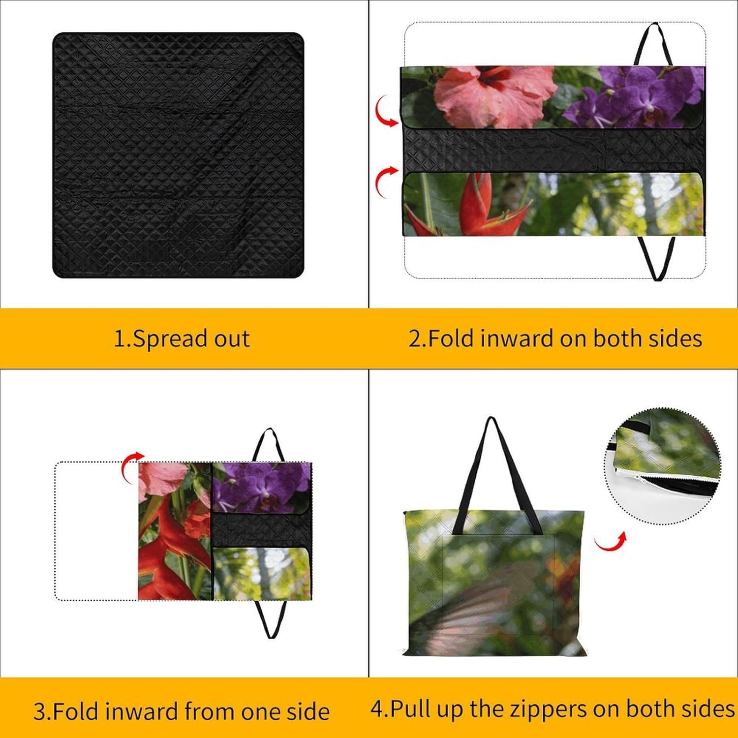 Tropical Flowers and Hummingbirds Picnic Blanket with Zipper Water Resistant Sand Free Picnic Mat Washable Foldable Easy Carry Beach Blanket for Lawn Beach Hiking Camping